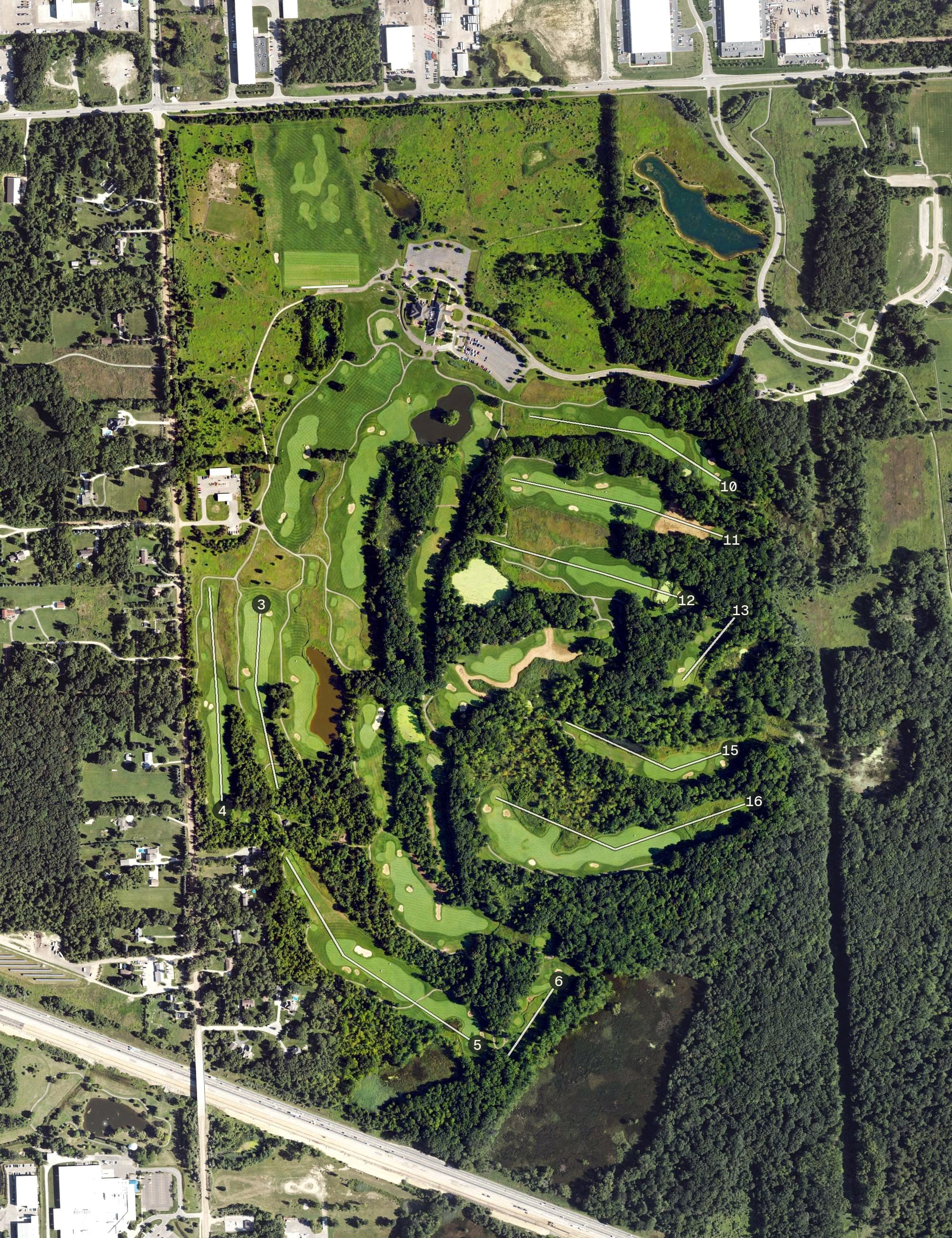 Aerial view of Lyon Oaks Golf Course, MI, with its hole routing marked