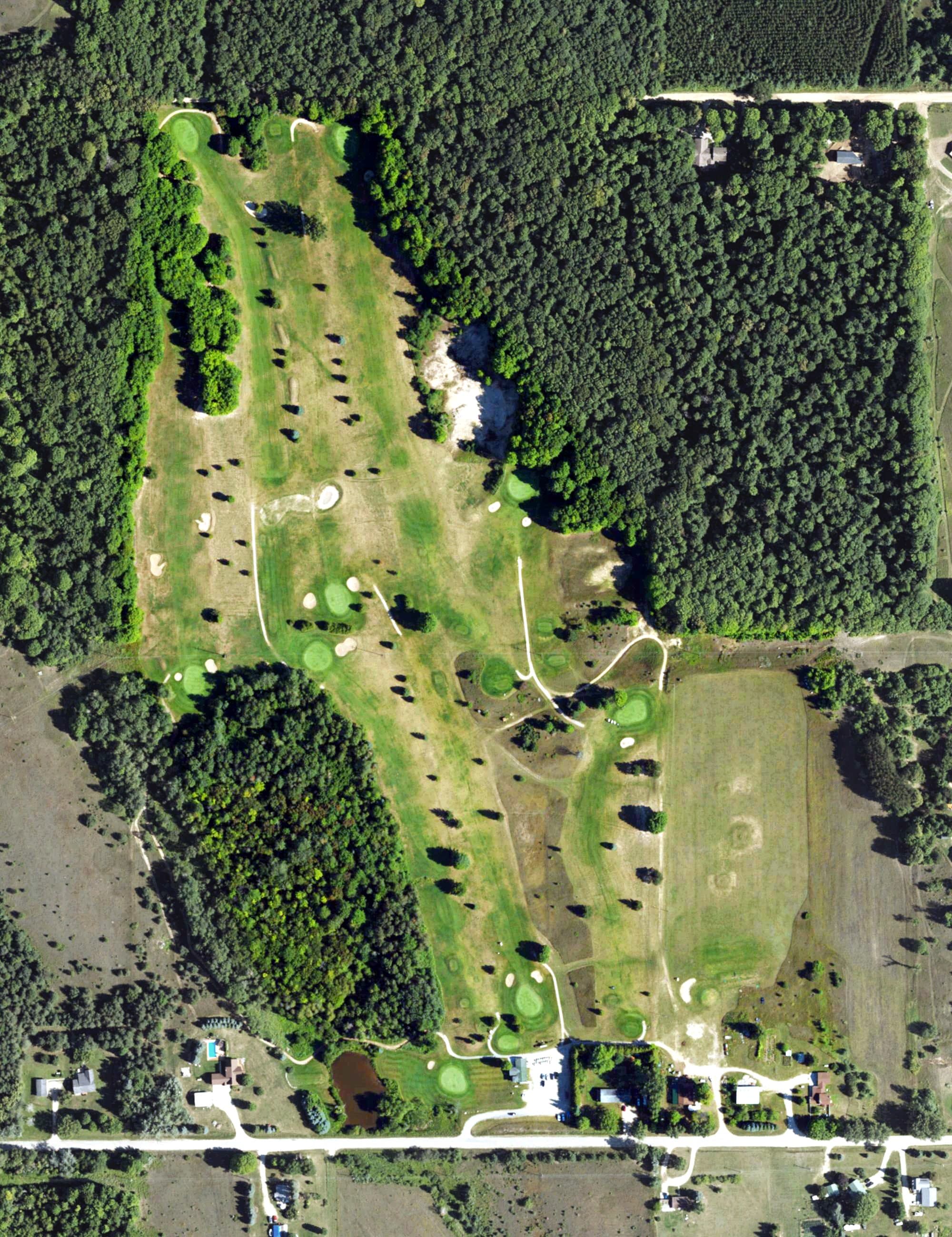 Aerial view of Mallard Golf Club, MI, with its hole routing marked
