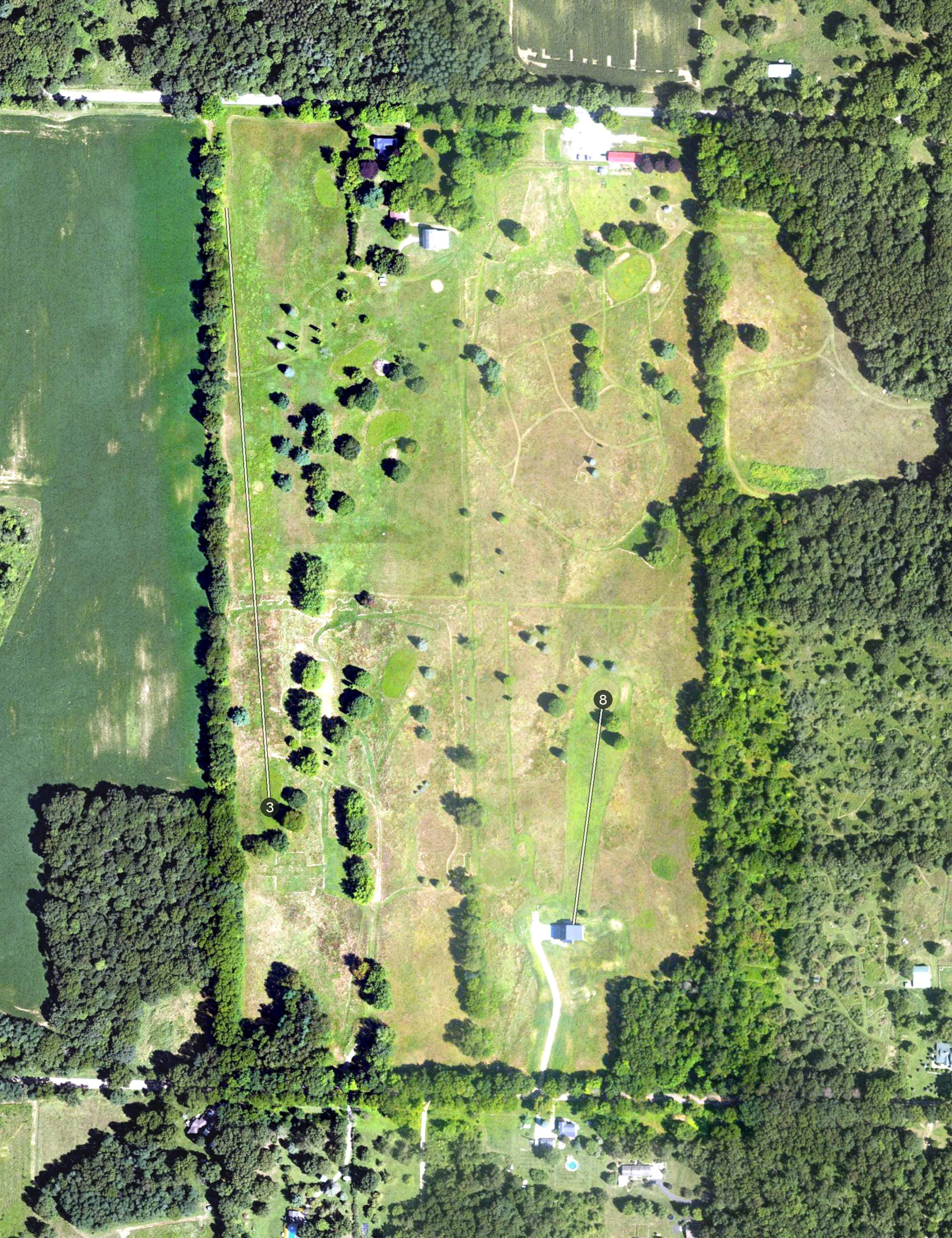 Aerial view of Maple Hills Golf Course, MI, with its hole routing marked