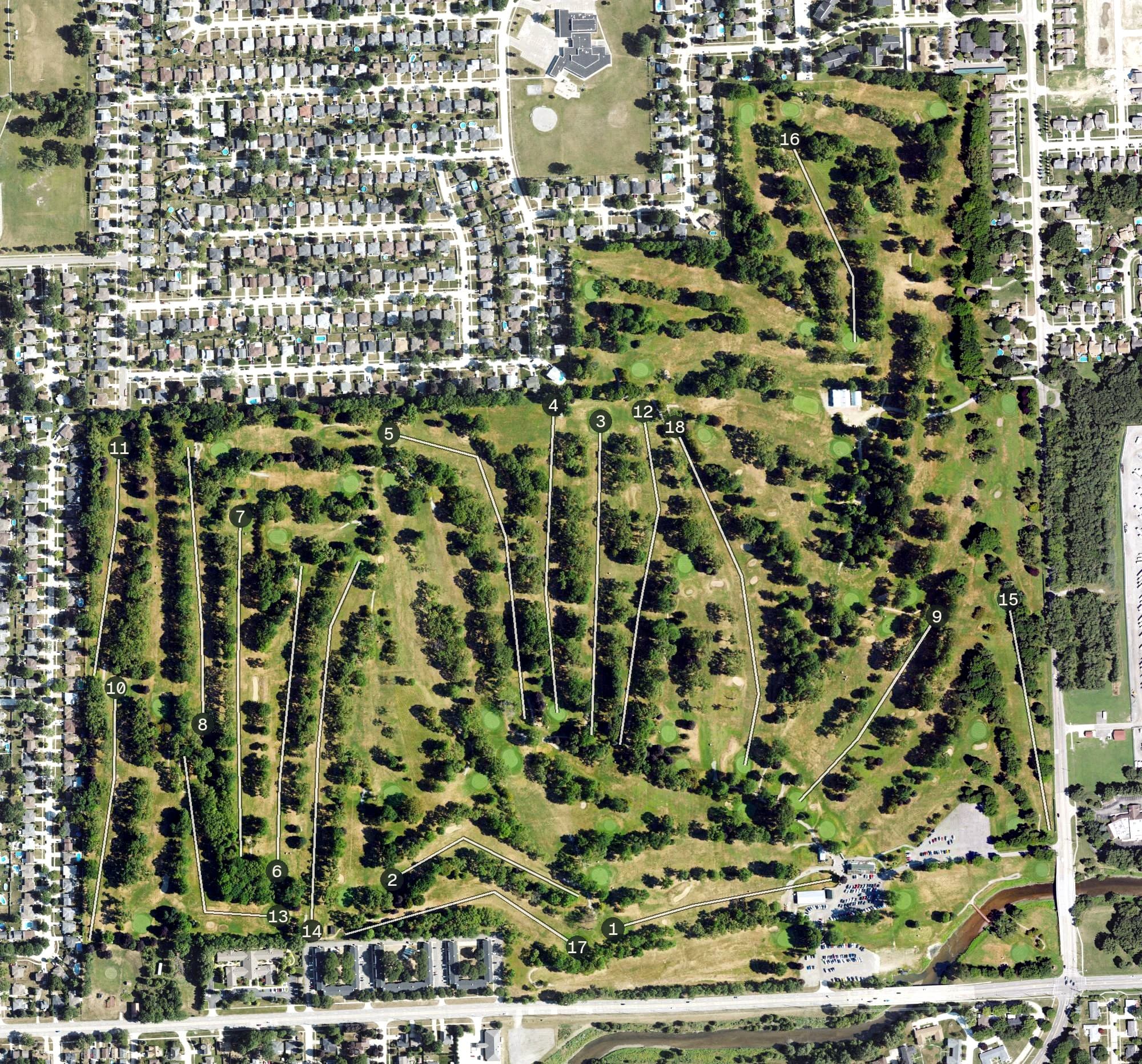 Aerial view of Maple Lane Golf Club, MI, with its hole routing marked