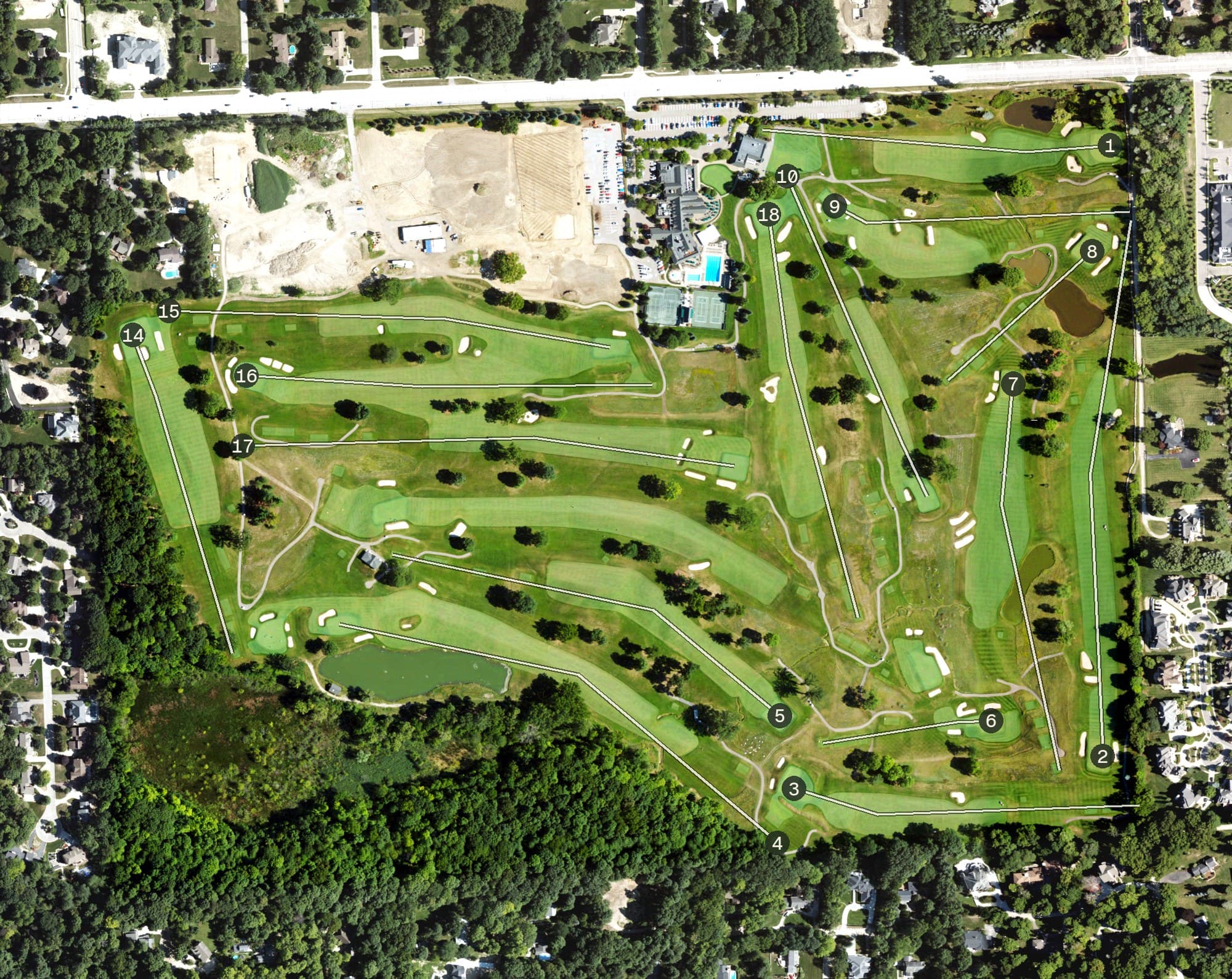 Aerial view of Meadowbrook Country Club, MI, with its hole routing marked