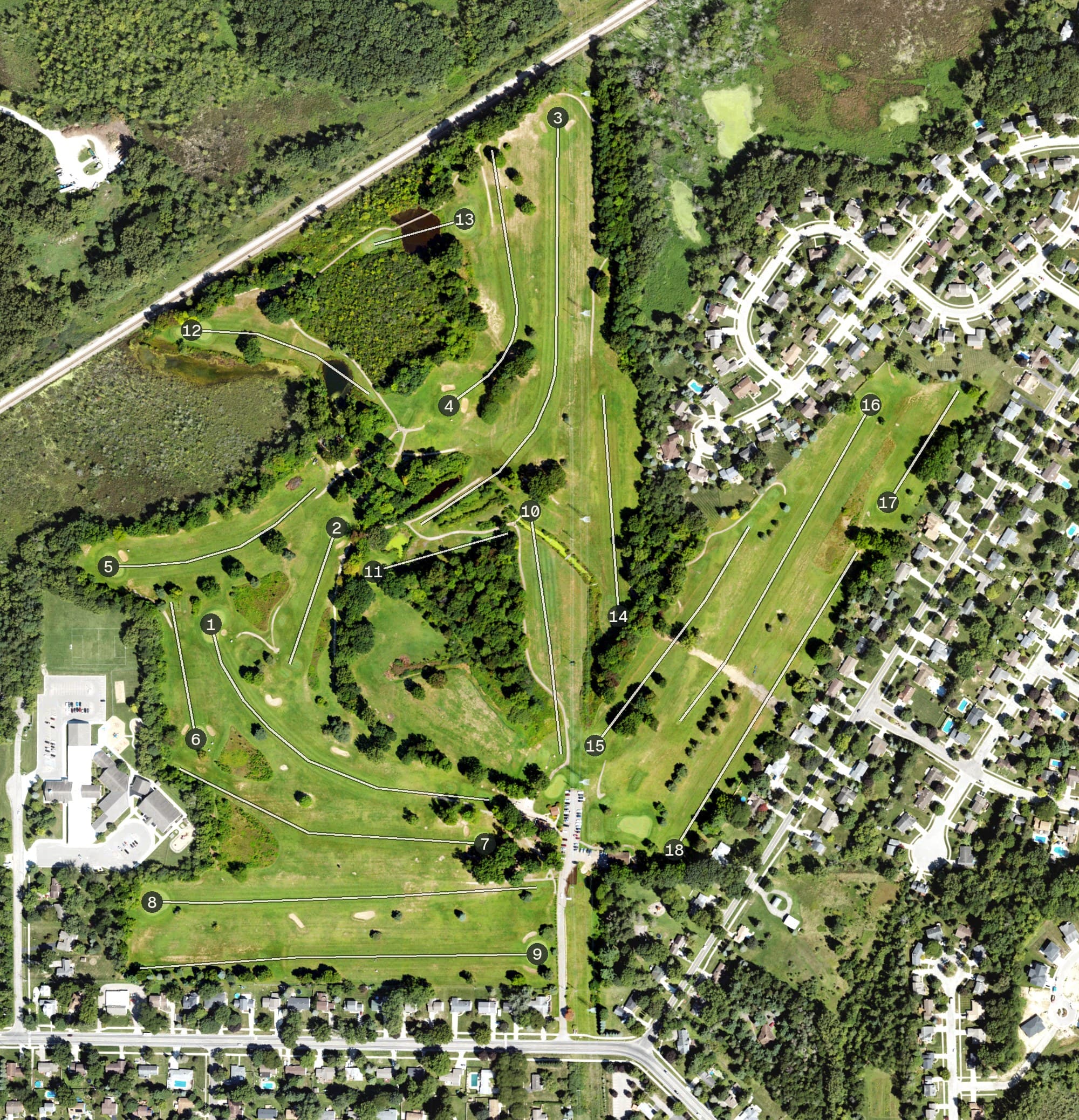Aerial view of Meridian Sun Golf Club, MI, with its hole routing marked