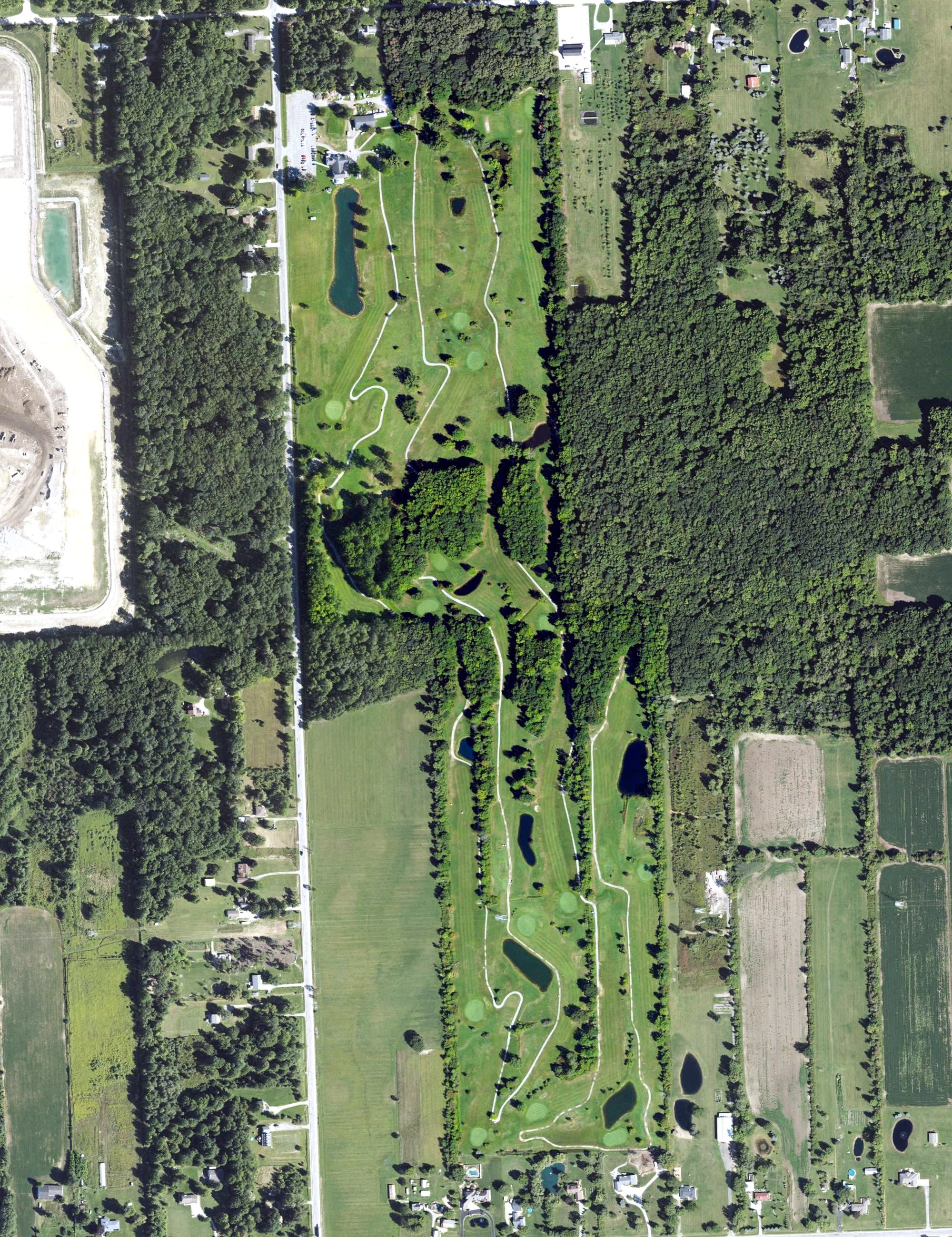 Aerial view of Michigan Meadows Golf Course, MI, with its hole routing marked