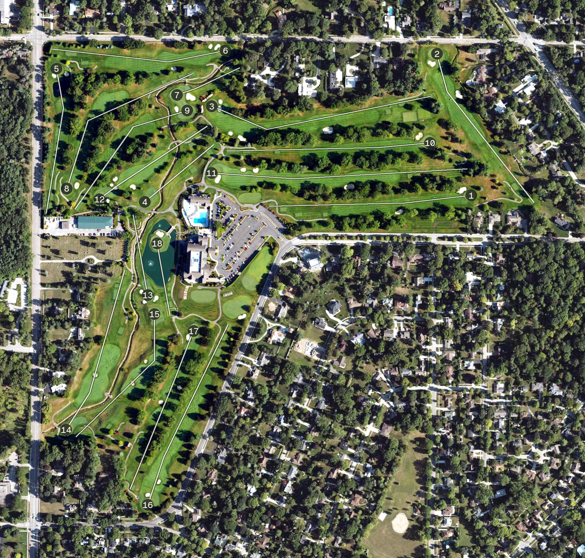 Aerial view of Midland Country Club, MI, with its hole routing marked
