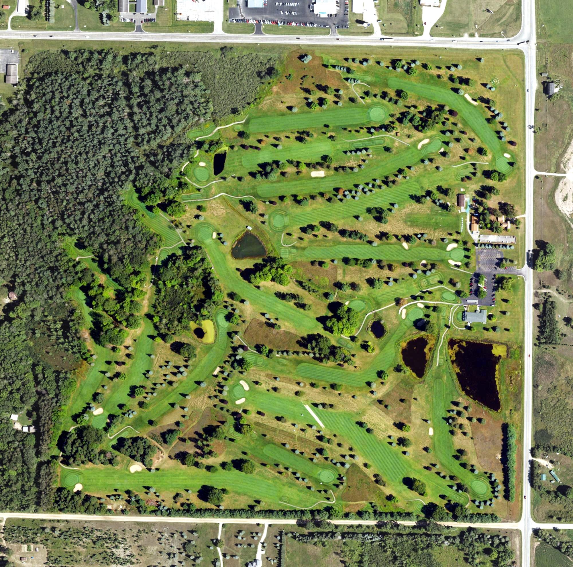 Aerial view of Missaukee Golf Club, MI, with its hole routing marked