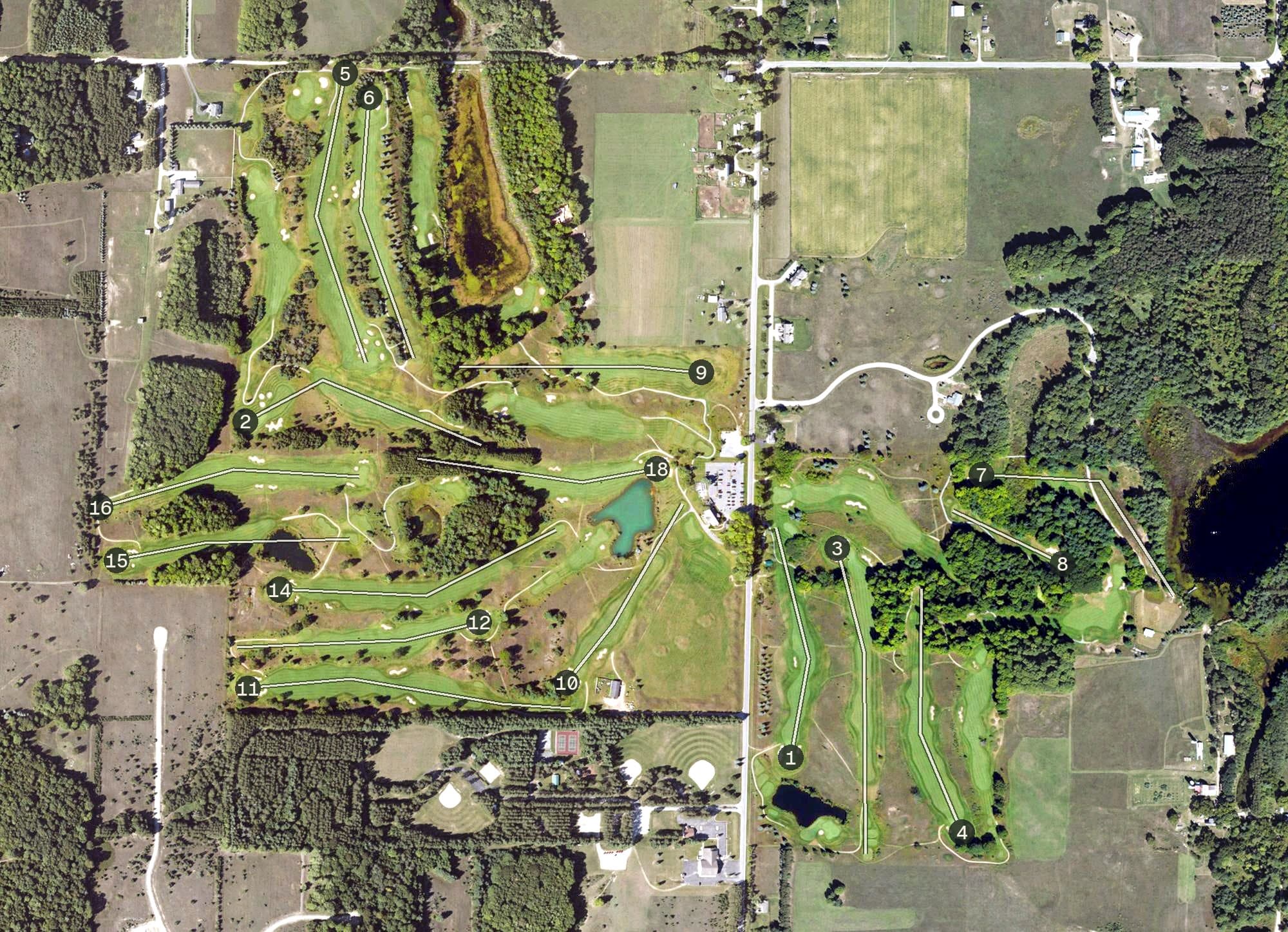 Aerial view of Mistwood Golf Course, MI, with its hole routing marked