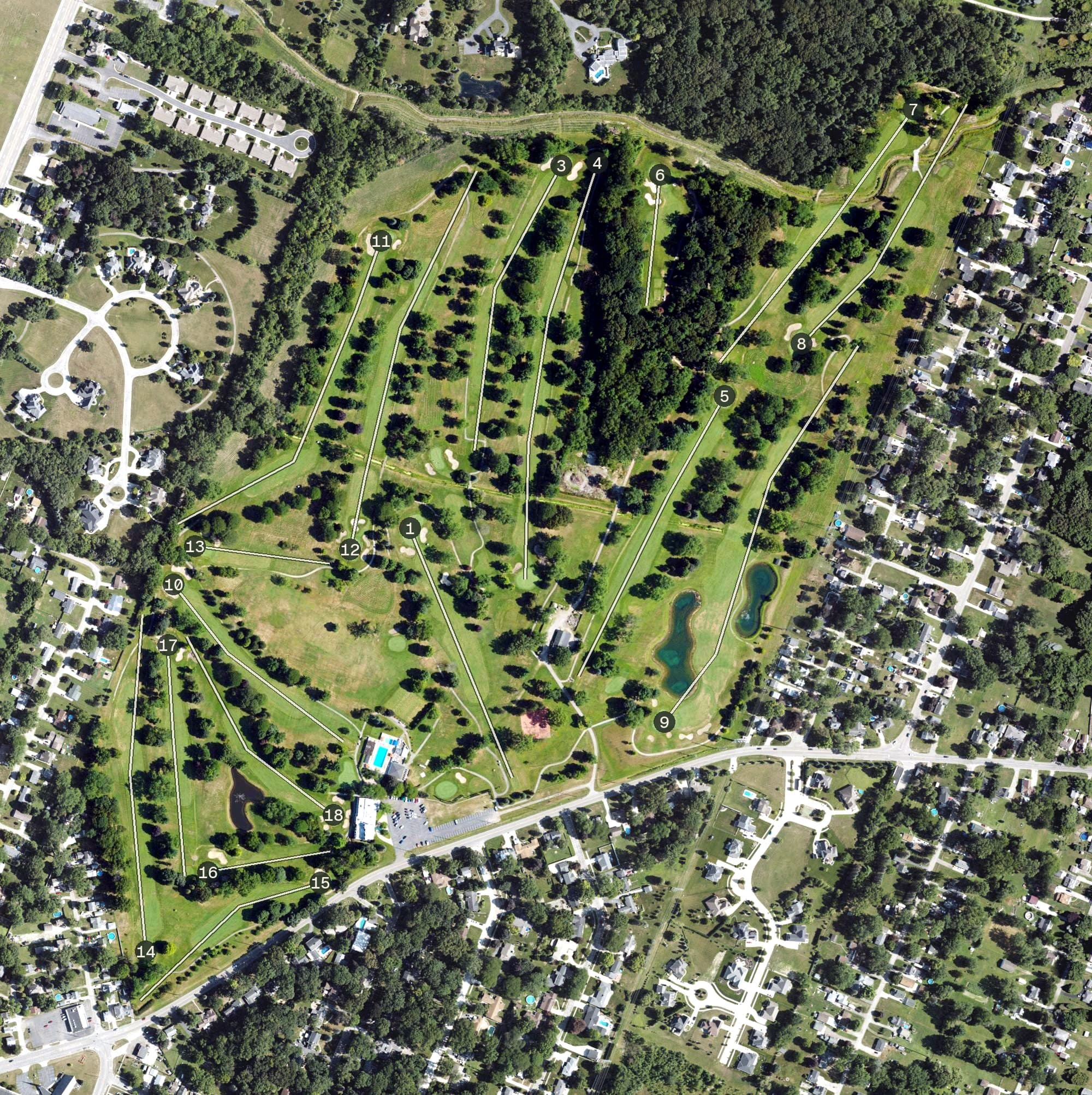 Aerial view of Monroe Golf & Country Club, MI, with its hole routing marked