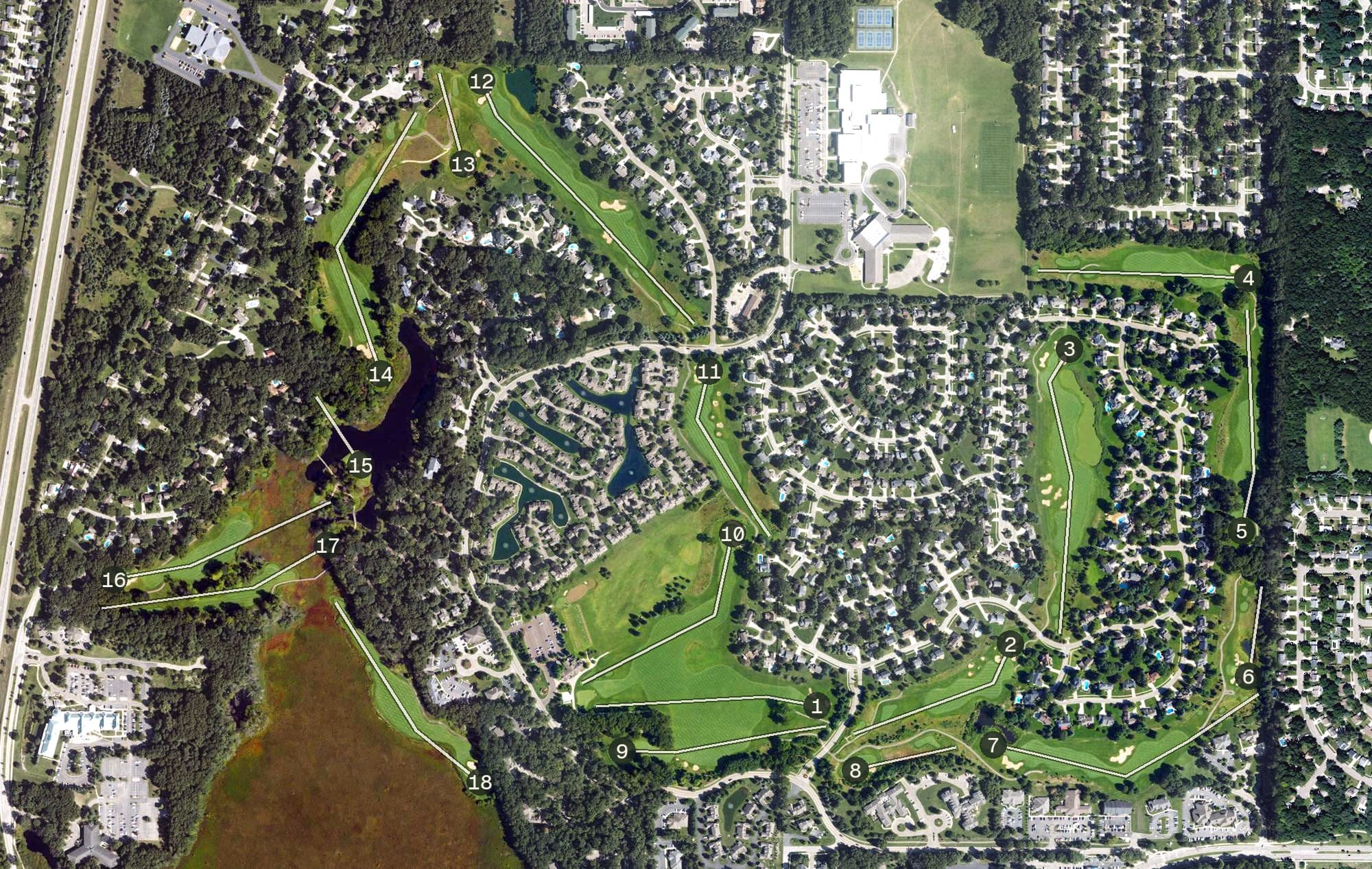 Aerial view of Moors Golf Club, MI, with its hole routing marked