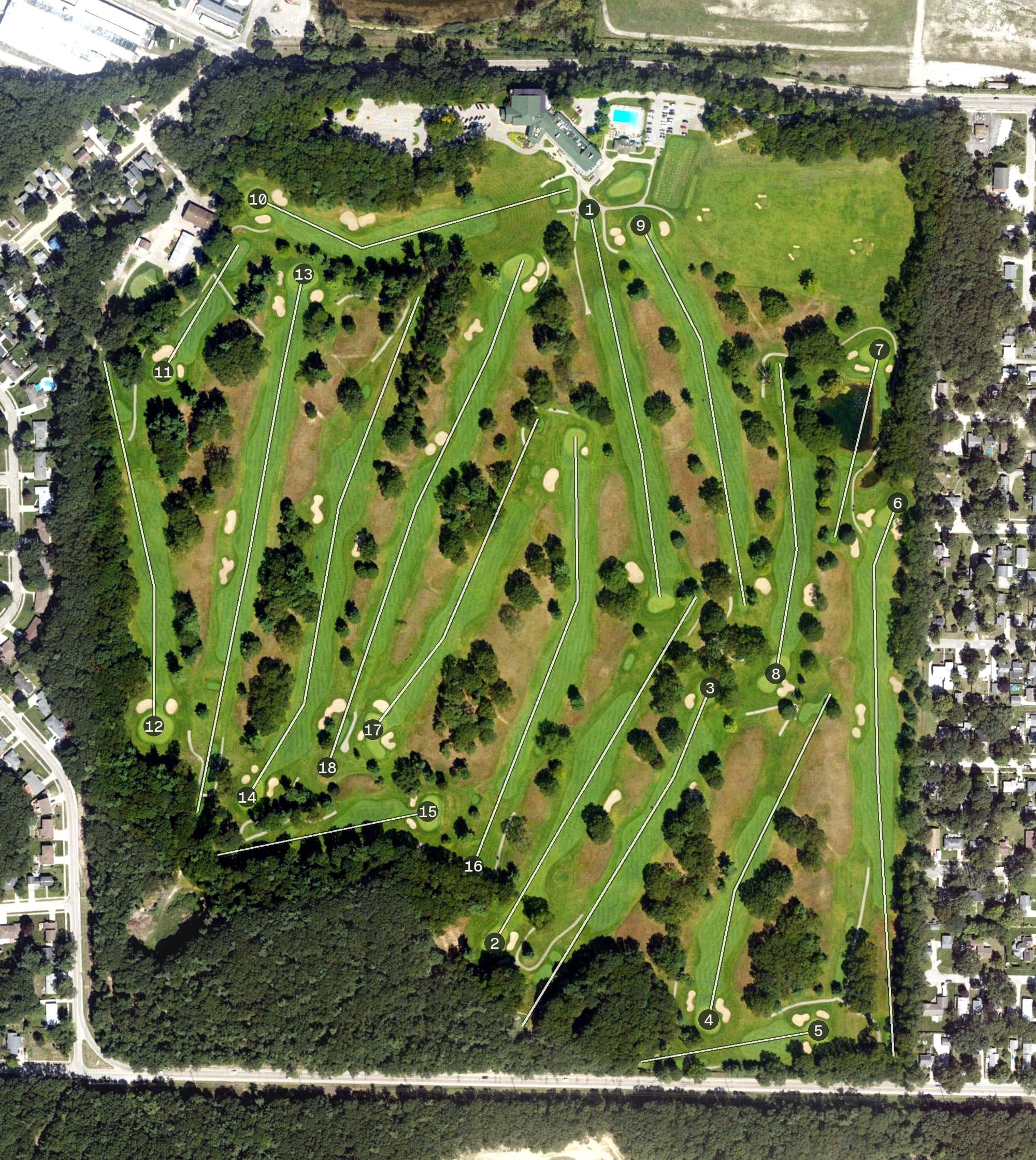 Aerial view of Muskegon Country Club, MI, with its hole routing marked