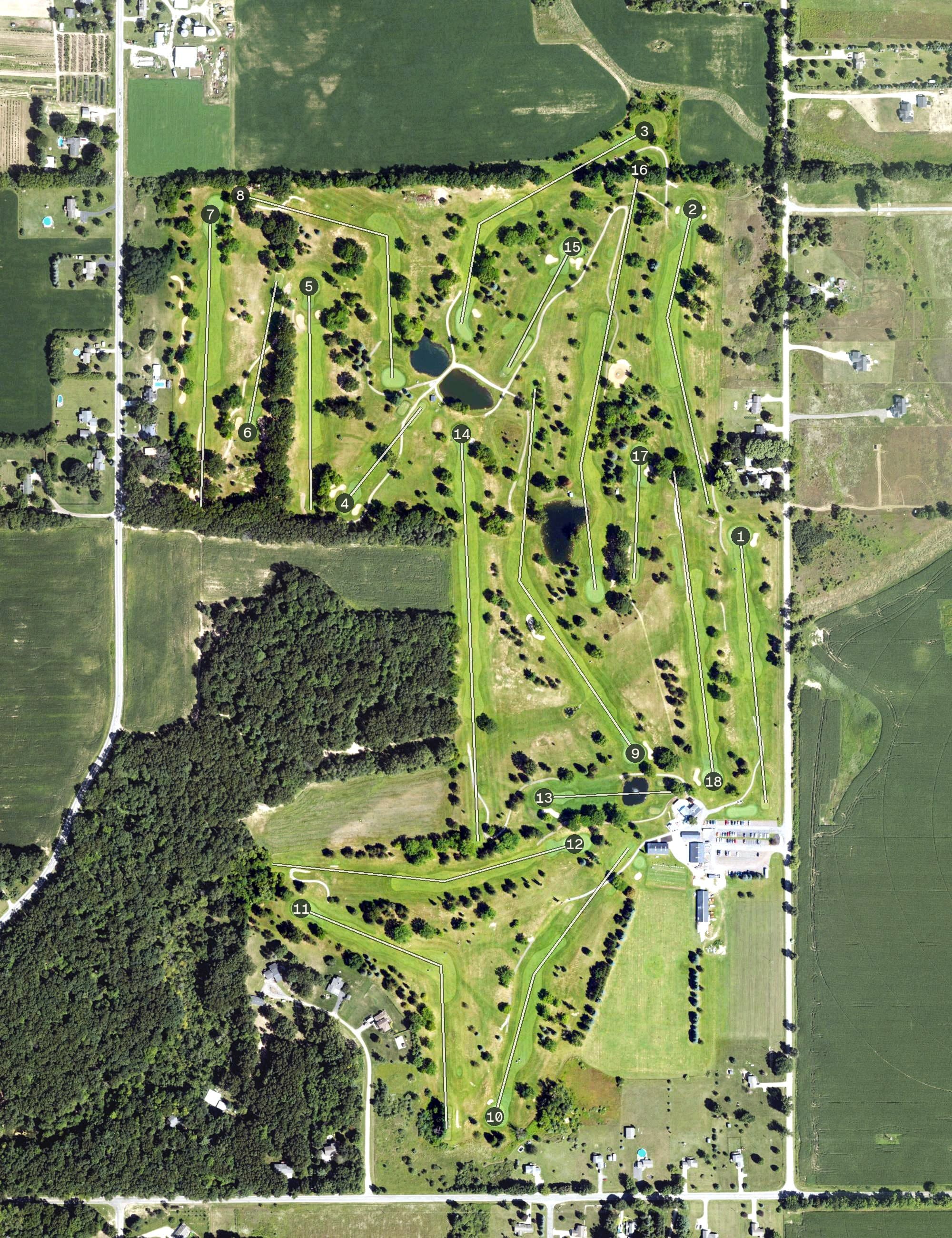 Aerial view of North Kent Golf Course, MI, with its hole routing marked