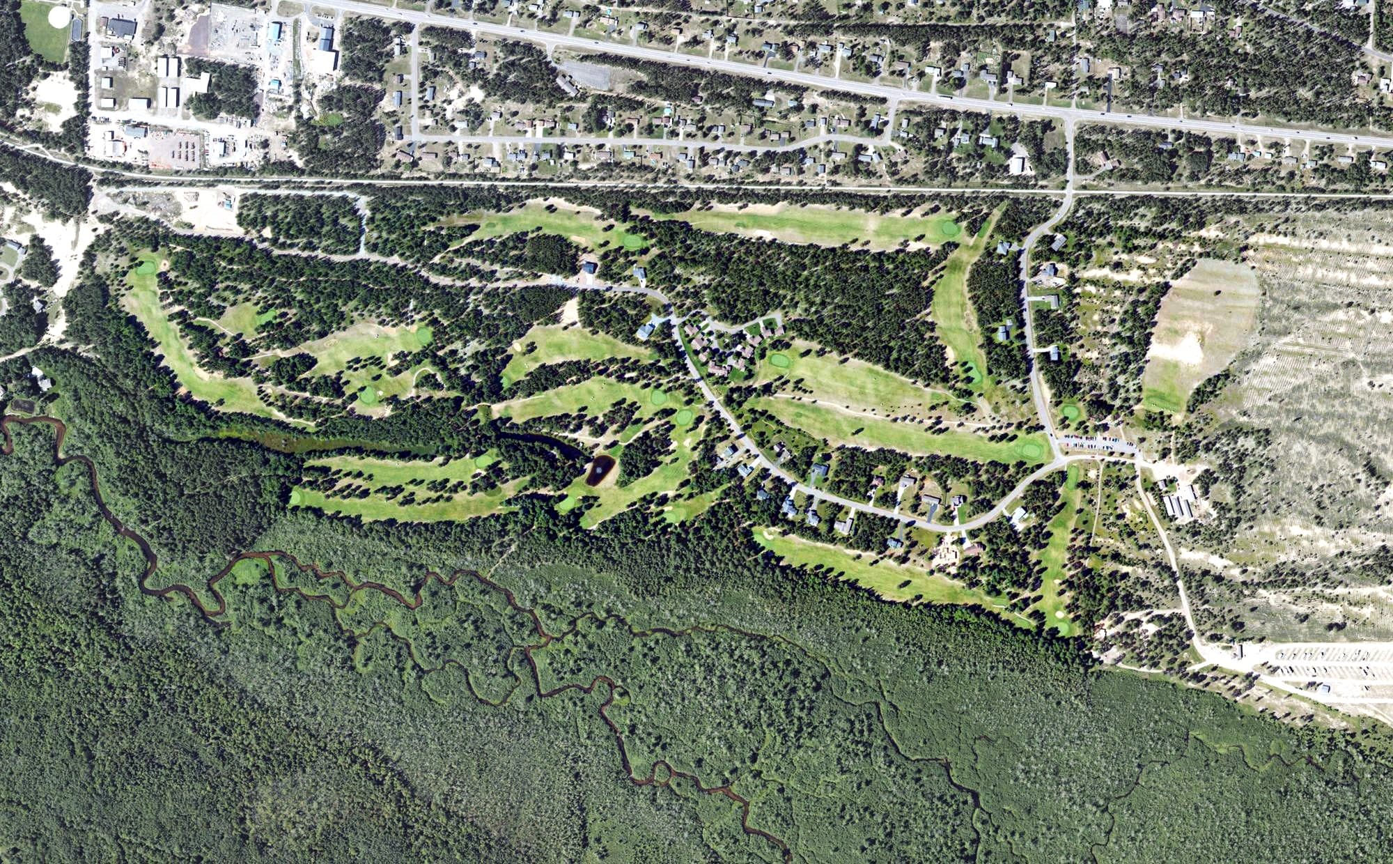 Aerial view of Northern Michigan University Golf Course, MI, with its hole routing marked