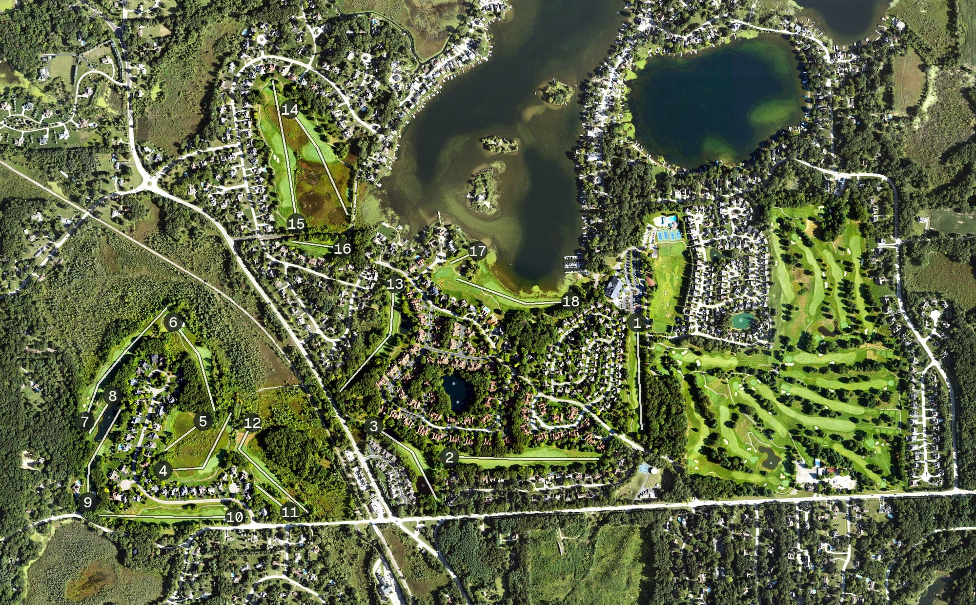 Aerial view of Oak Pointe Country Club, MI, with its hole routing marked
