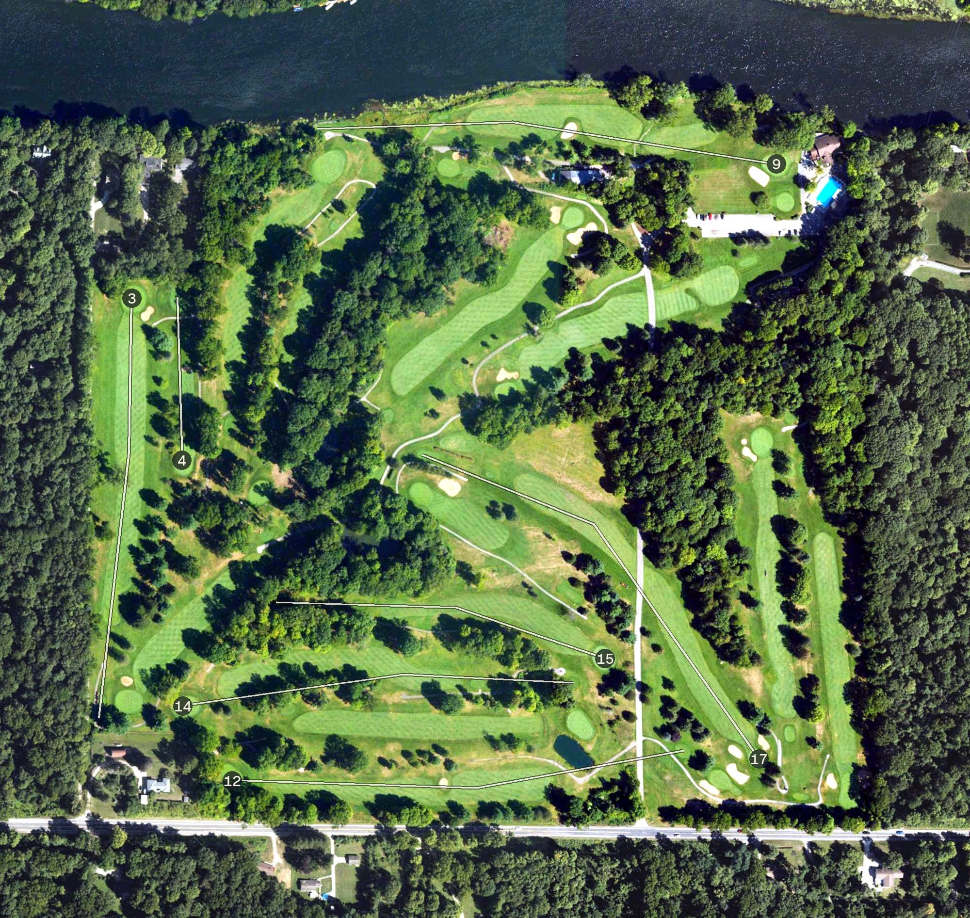 Aerial view of Orchard Hill Country Club, MI, with its hole routing marked