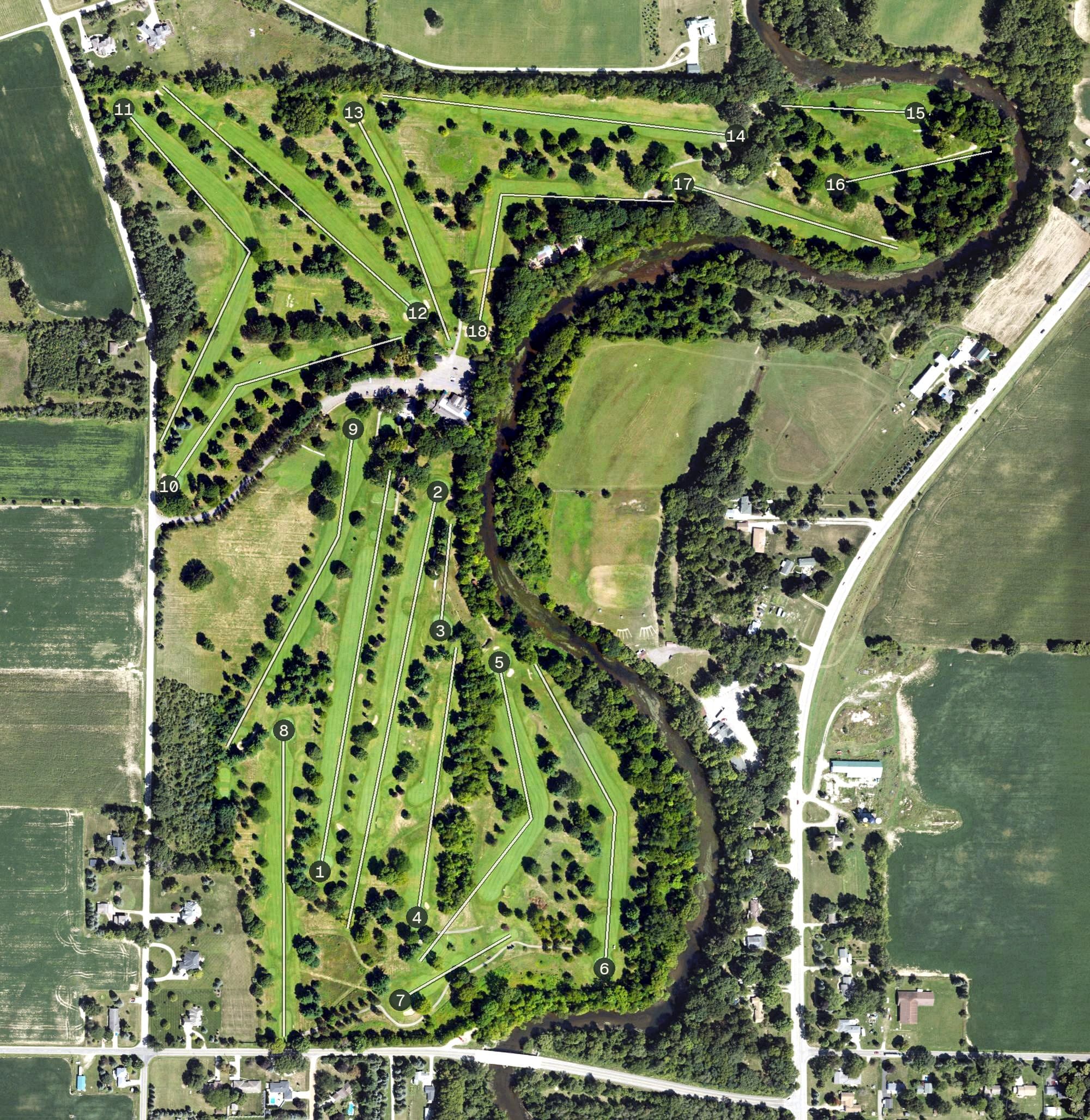 Aerial view of Owosso Country Club, MI, with its hole routing marked