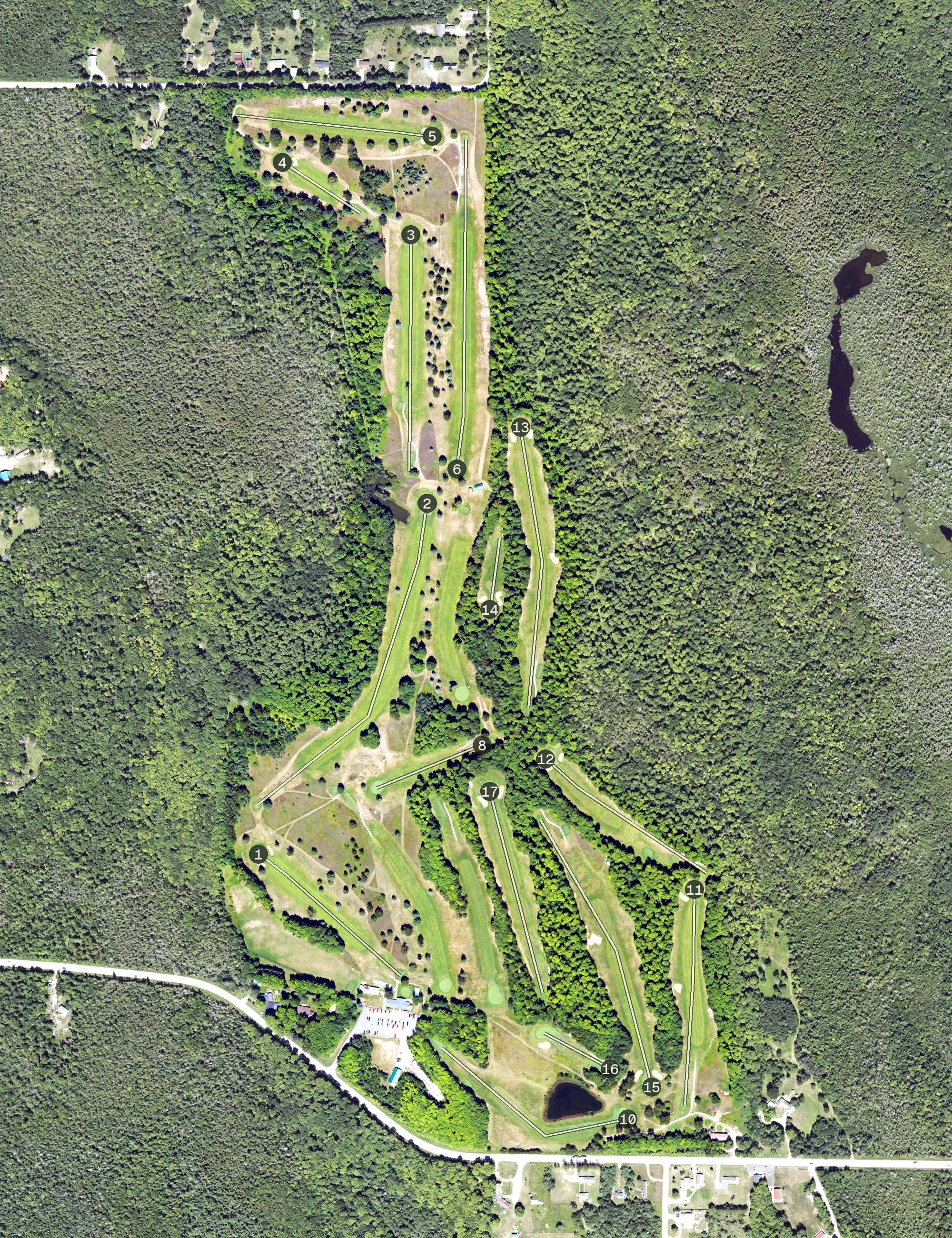 Aerial view of Pictured Rocks Golf Club, MI, with its hole routing marked