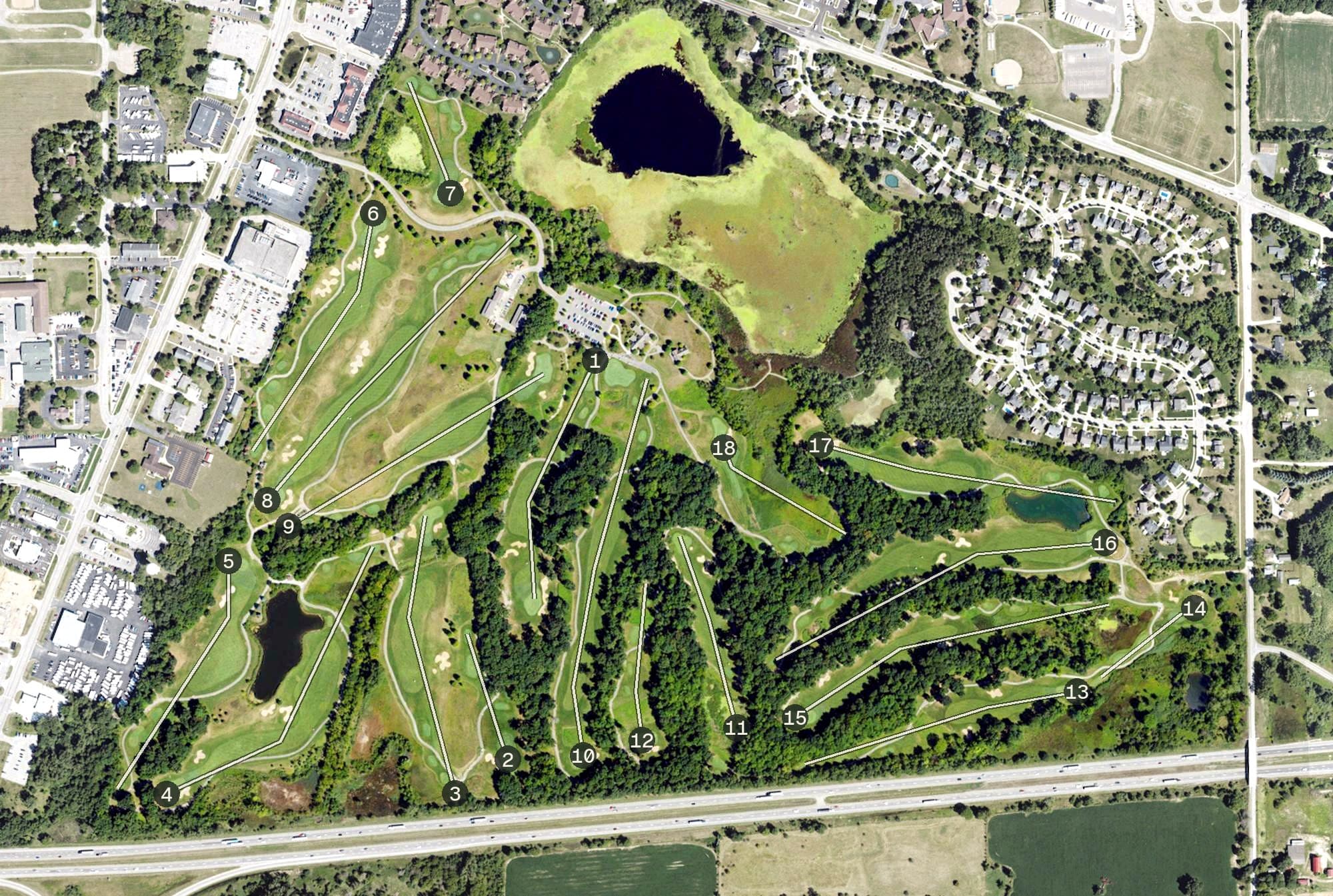Aerial view of Pierce Lake Golf Course and Park, MI, with its hole routing marked