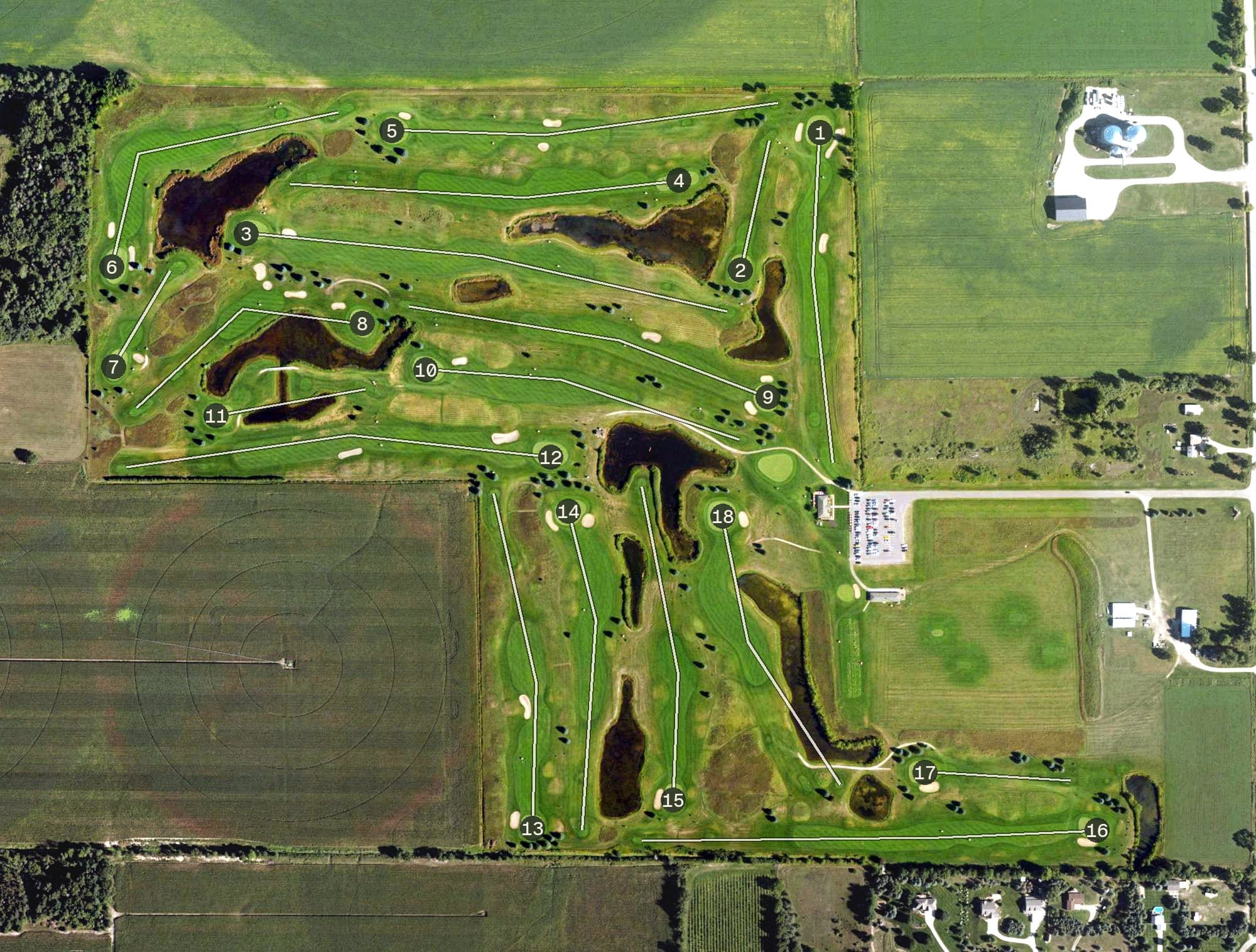 Aerial view of Pigeon Creek Golf Course, MI, with its hole routing marked