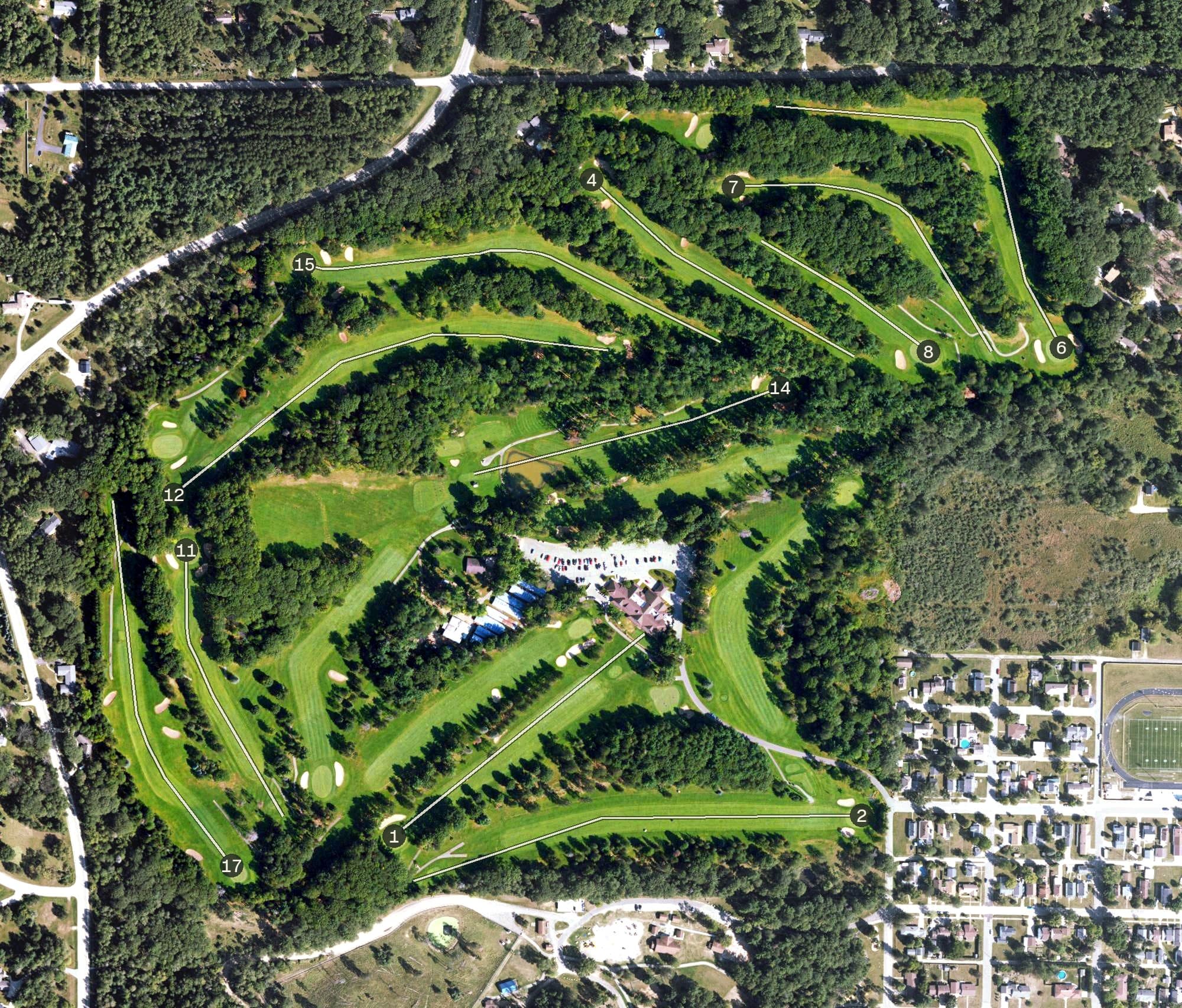 Aerial view of Pine Grove Country Club, MI, with its hole routing marked