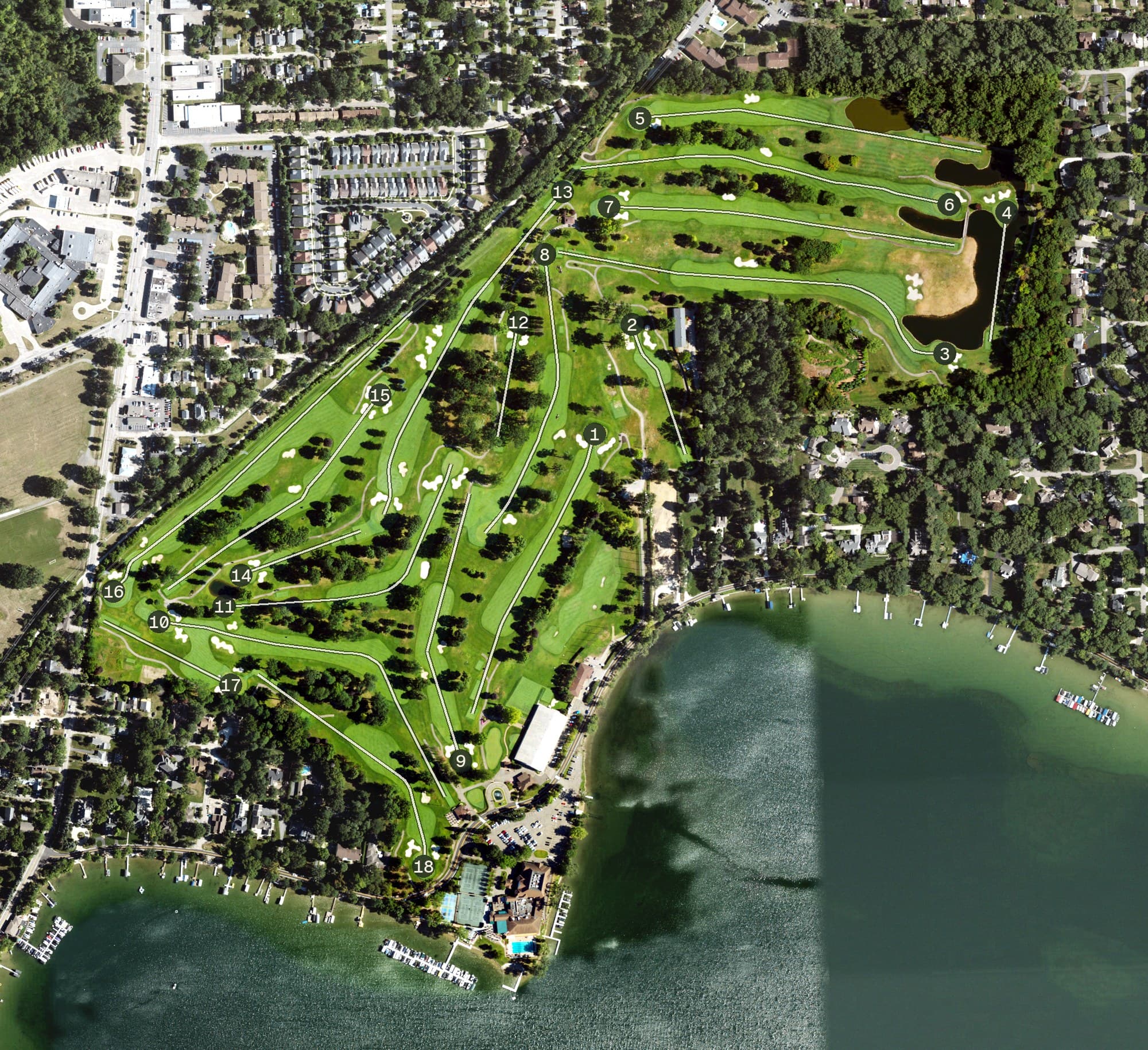 Aerial view of Pine Lake Country Club, MI, with its hole routing marked