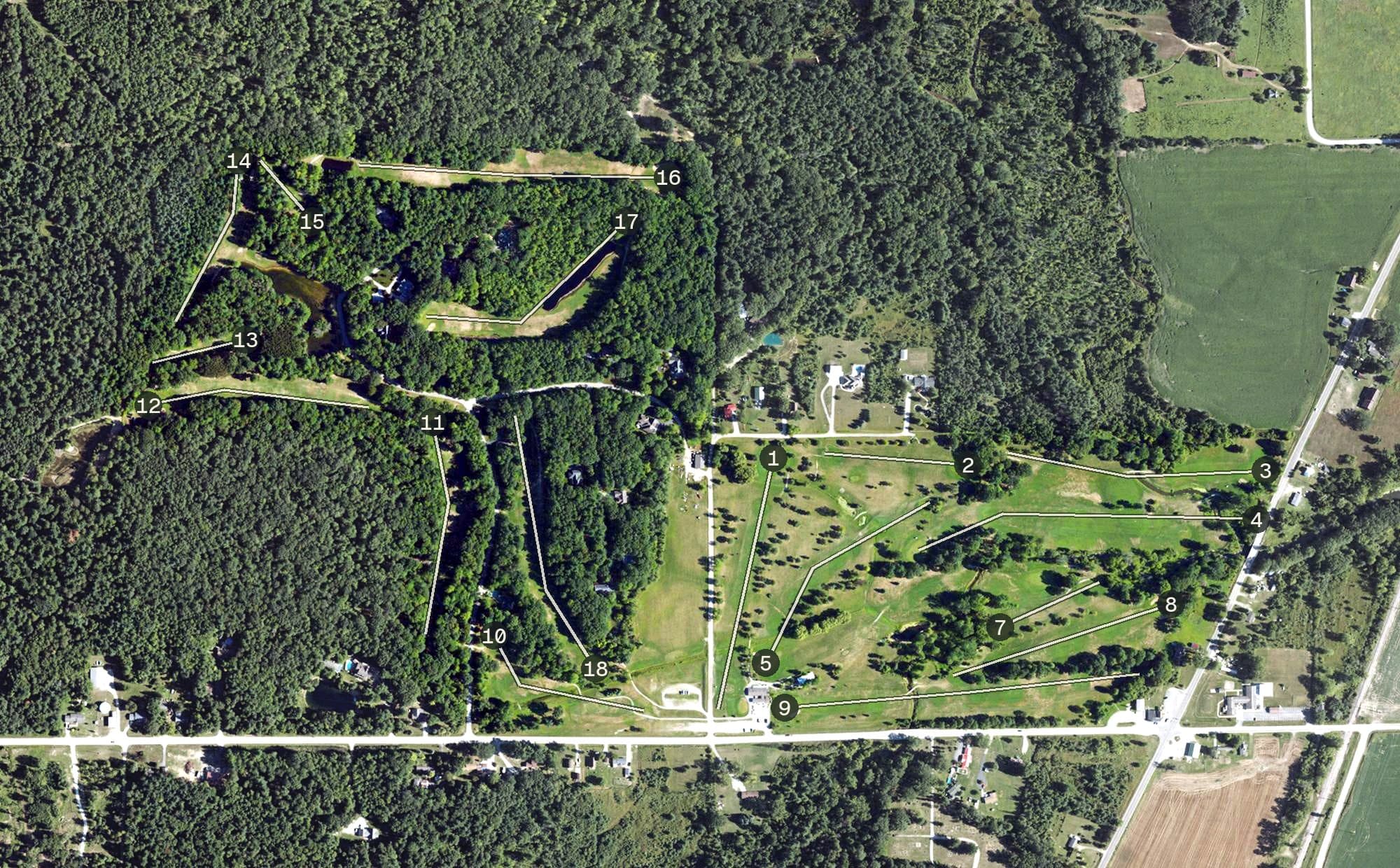 Aerial view of Pine River Golf Club, MI, with its hole routing marked