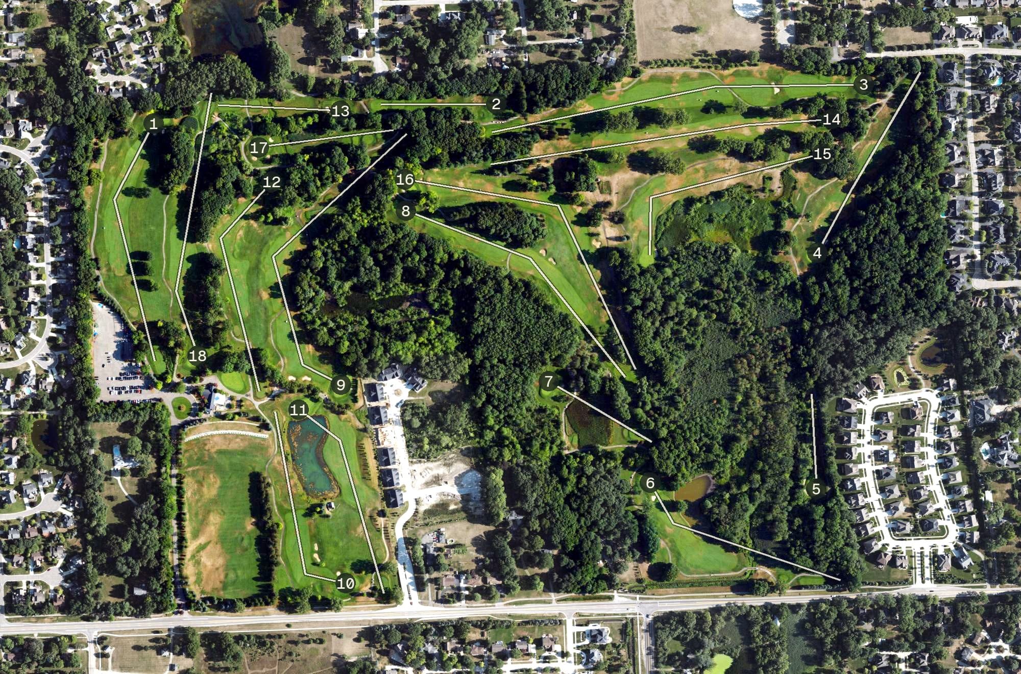 Aerial view of Pine Trace Golf Club, MI, with its hole routing marked