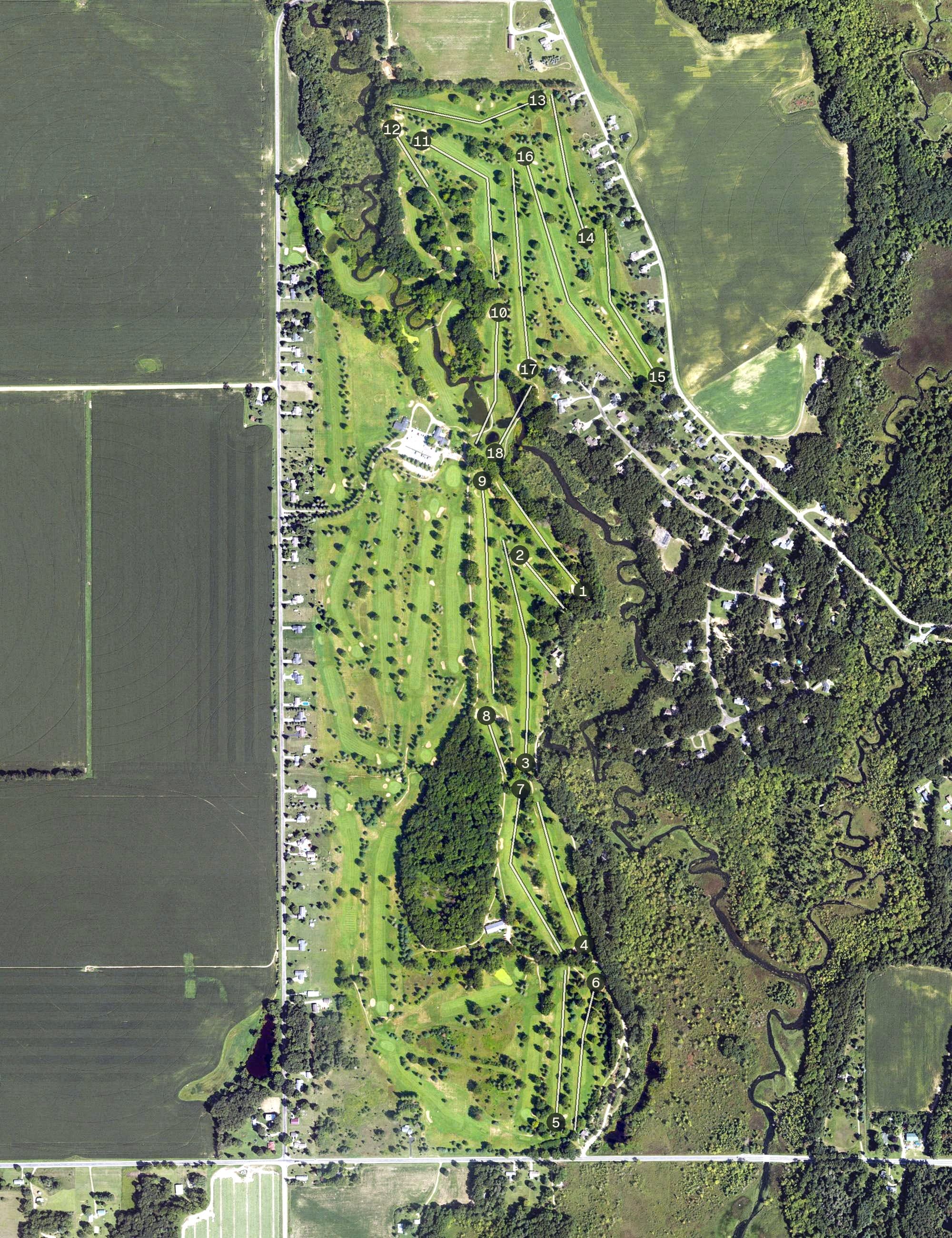Aerial view of Pine View Golf Course, MI, with its hole routing marked