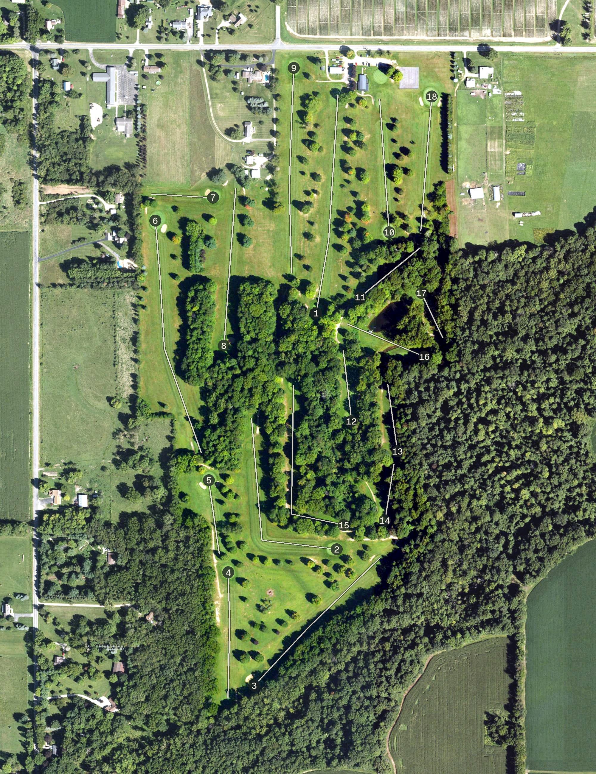 Aerial view of Pipestone Creek Golf Course, MI, with its hole routing marked