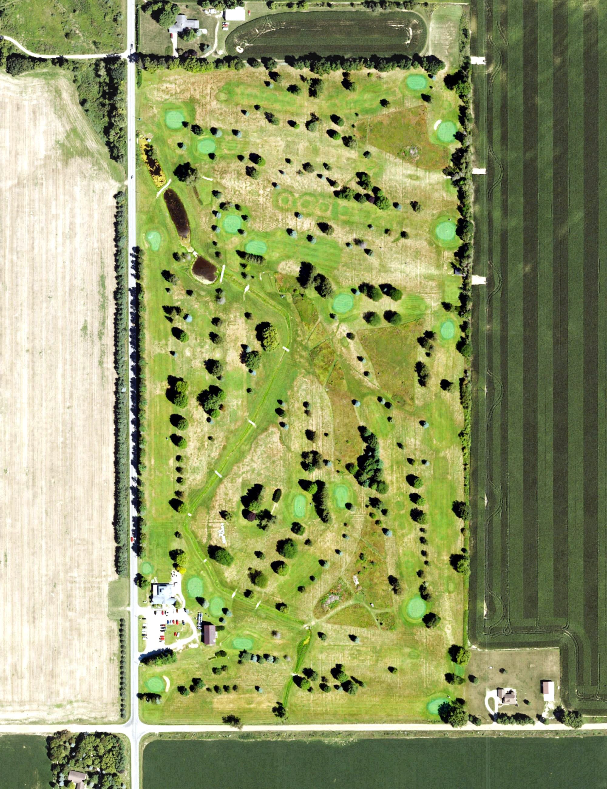 Aerial view of Portland Country Club, MI, with its hole routing marked