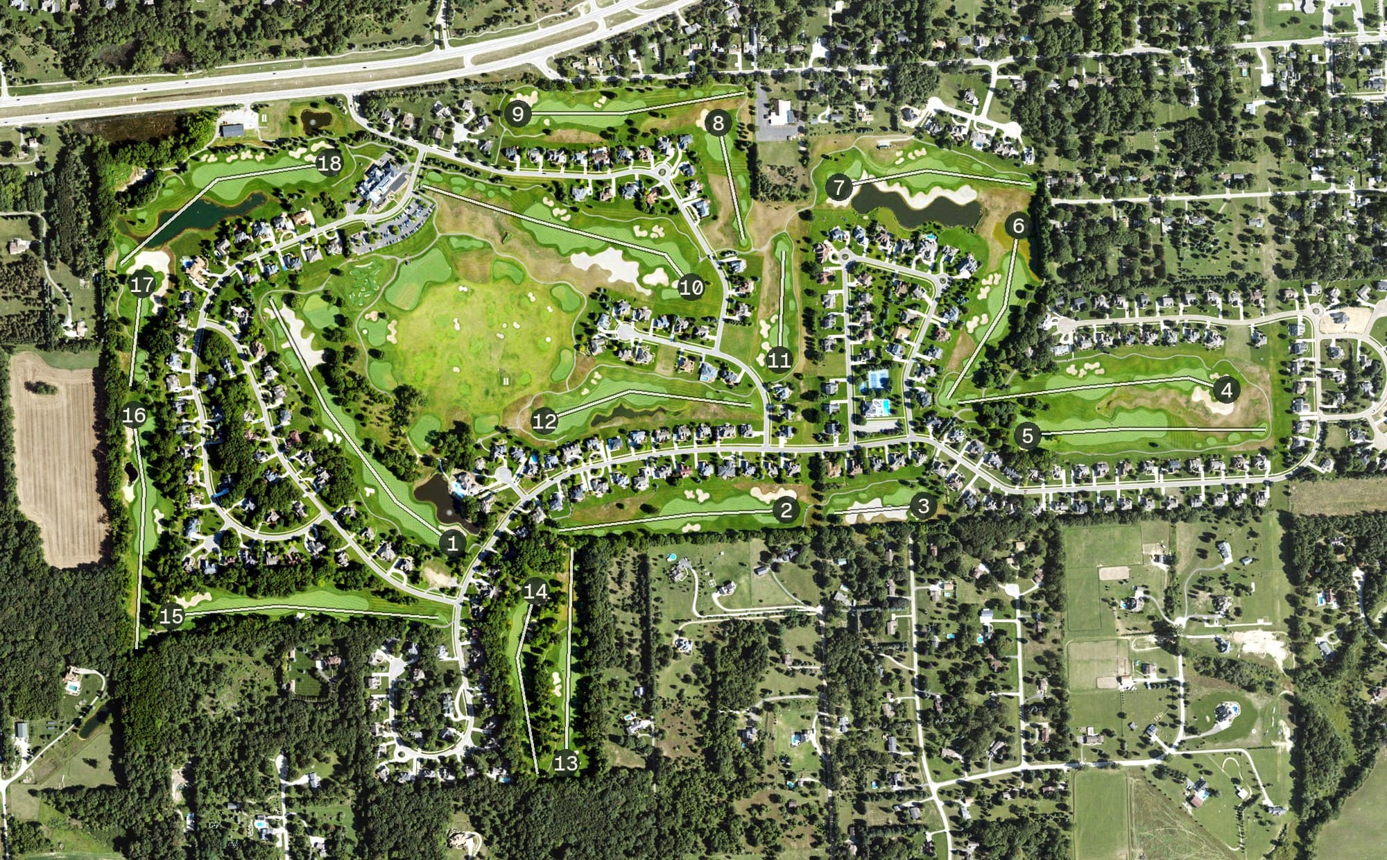Aerial view of Prestwick Village Golf Club, MI, with its hole routing marked