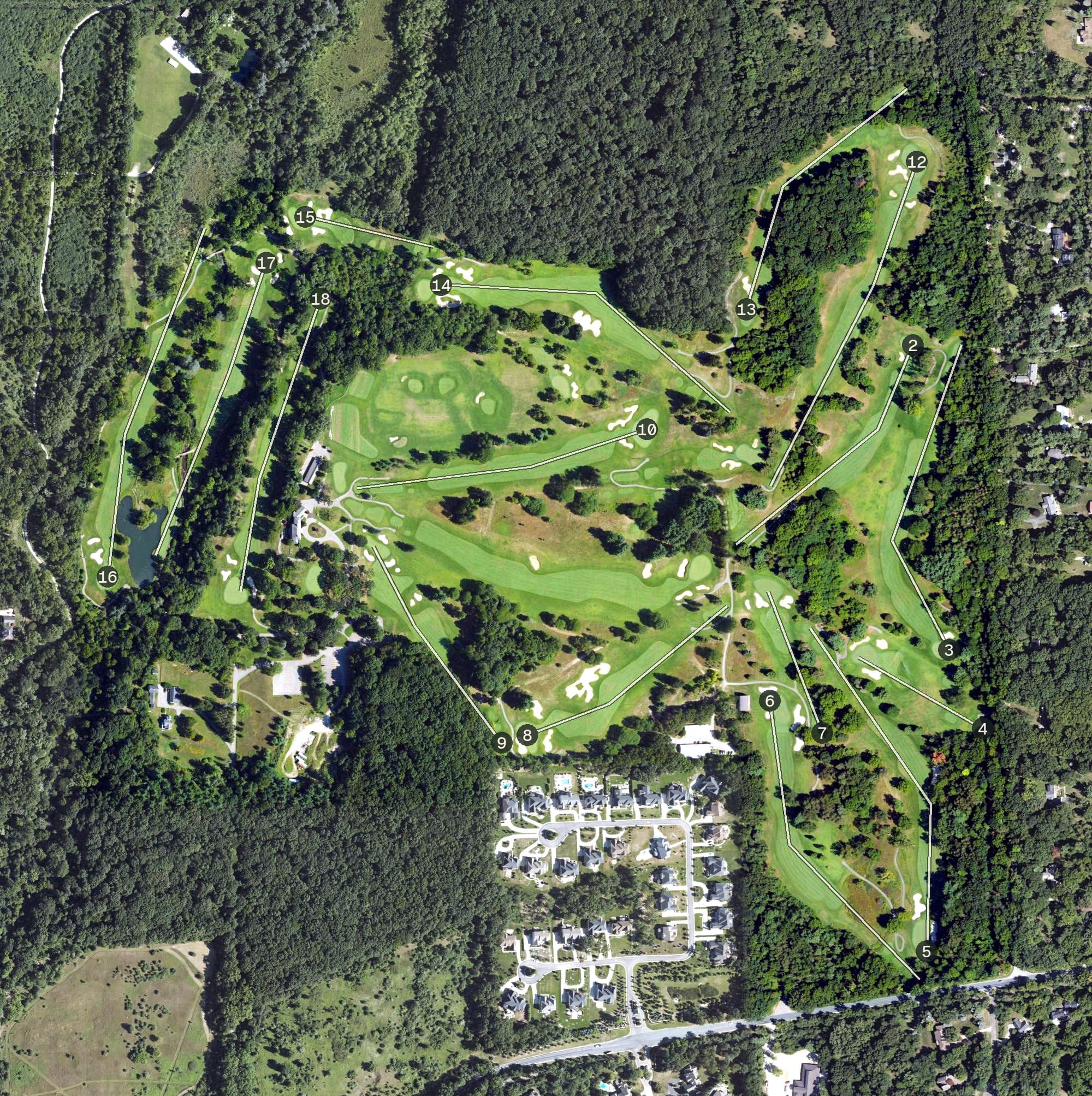 Aerial view of Radrick Farms Golf Course, MI, with its hole routing marked