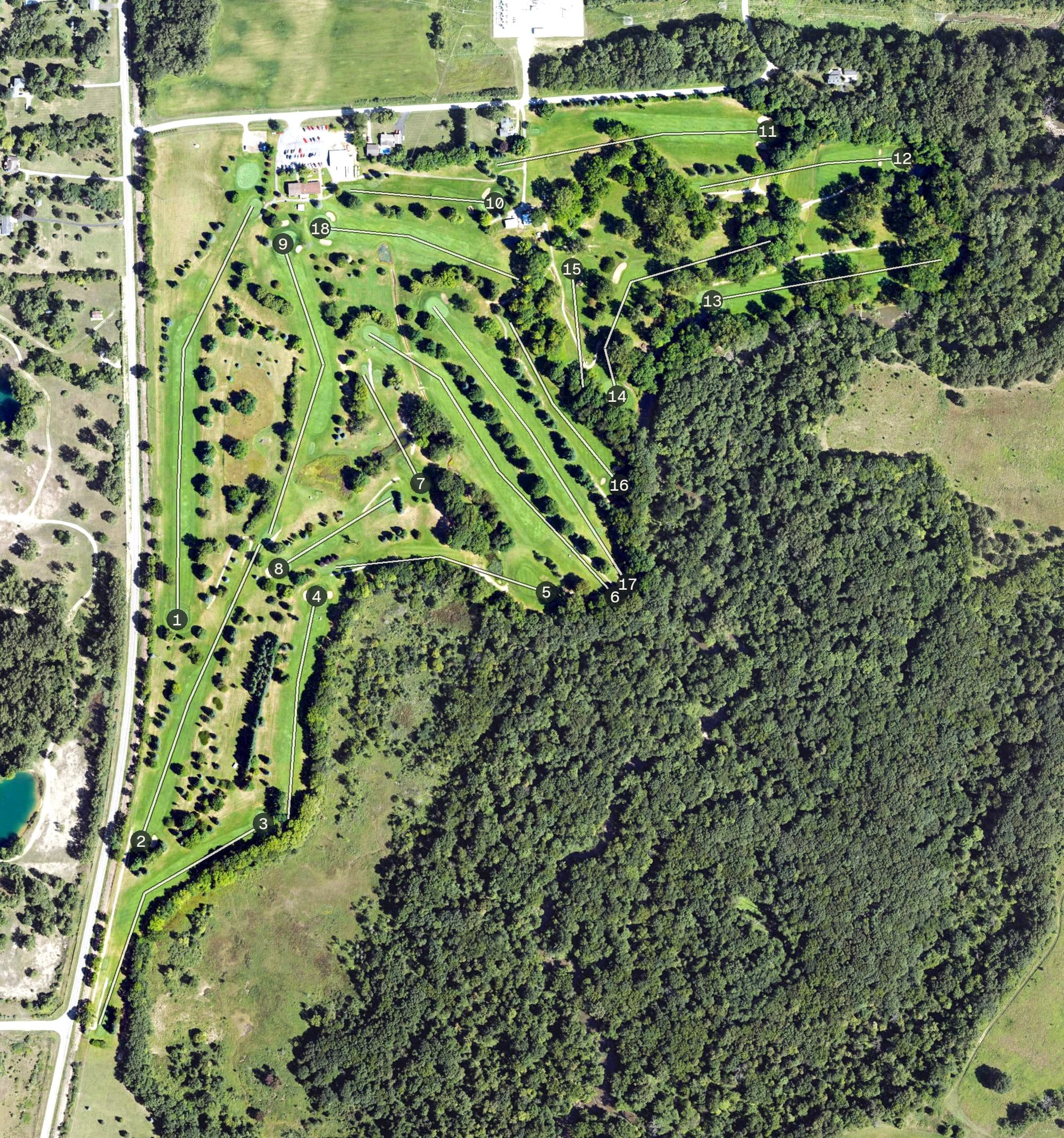 Aerial view of Raisin Valley Golf Club, MI, with its hole routing marked