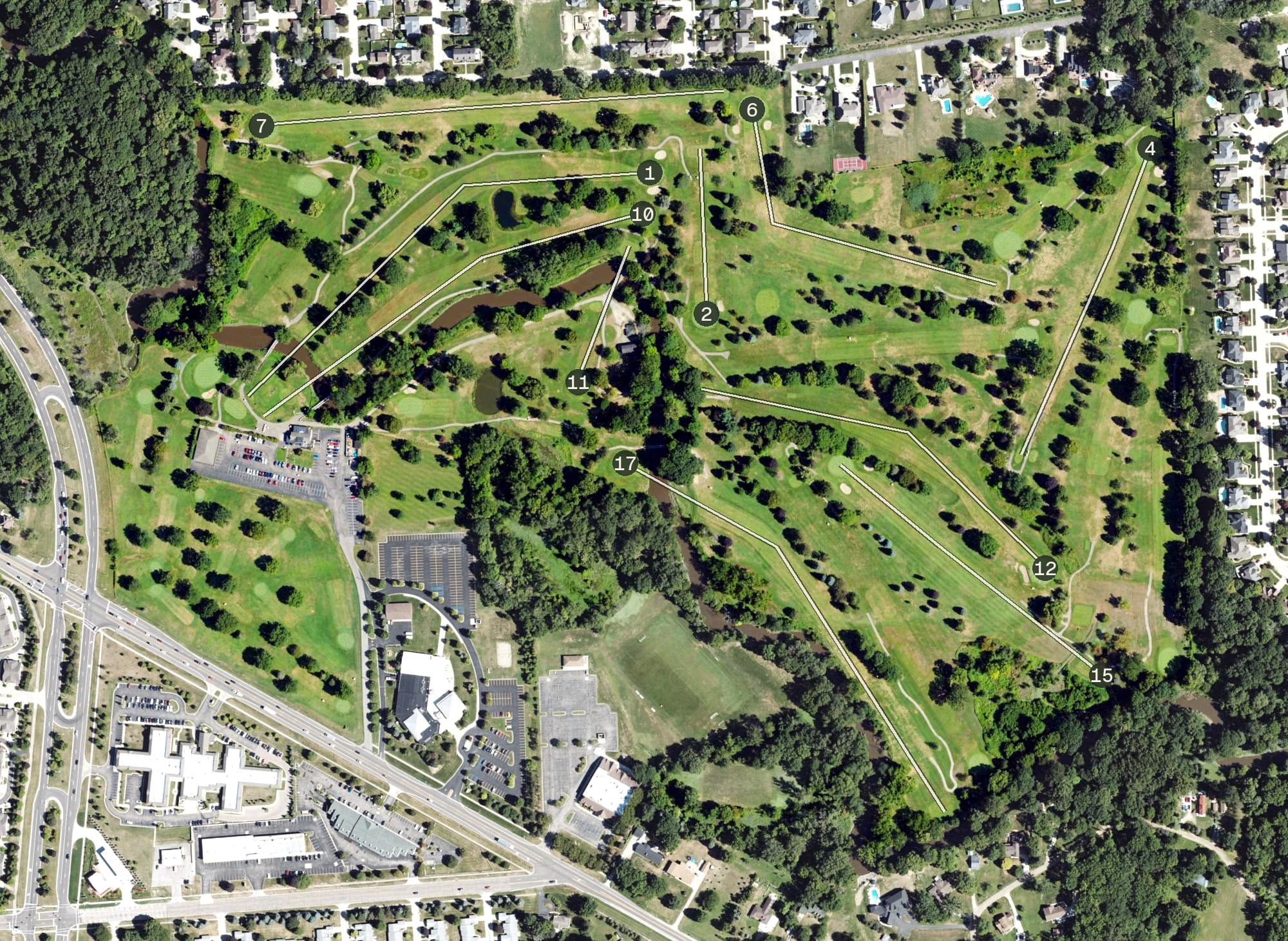 Aerial view of Rammler Golf Club, MI, with its hole routing marked