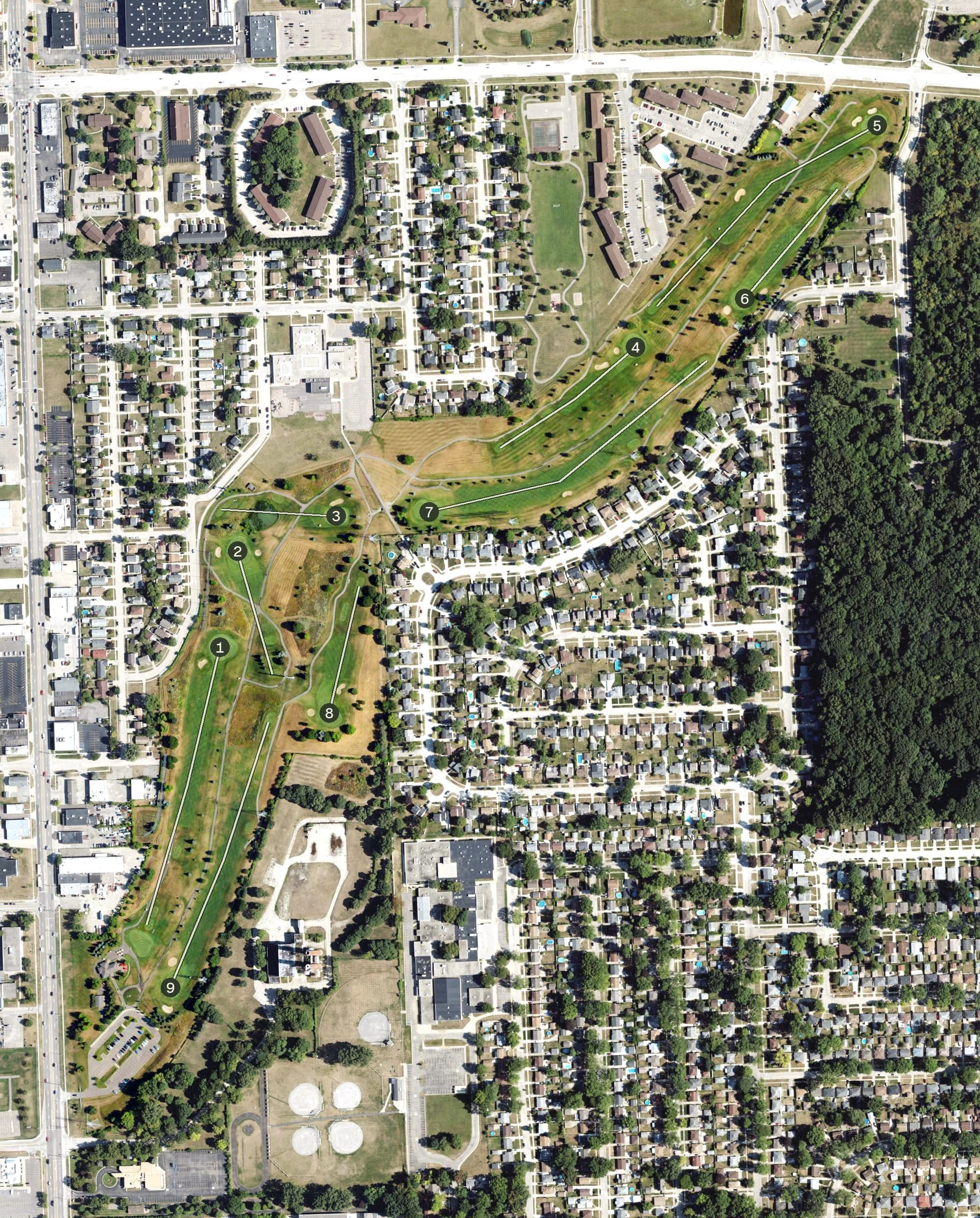 Aerial view of Red Oaks Golf Course, MI, with its hole routing marked