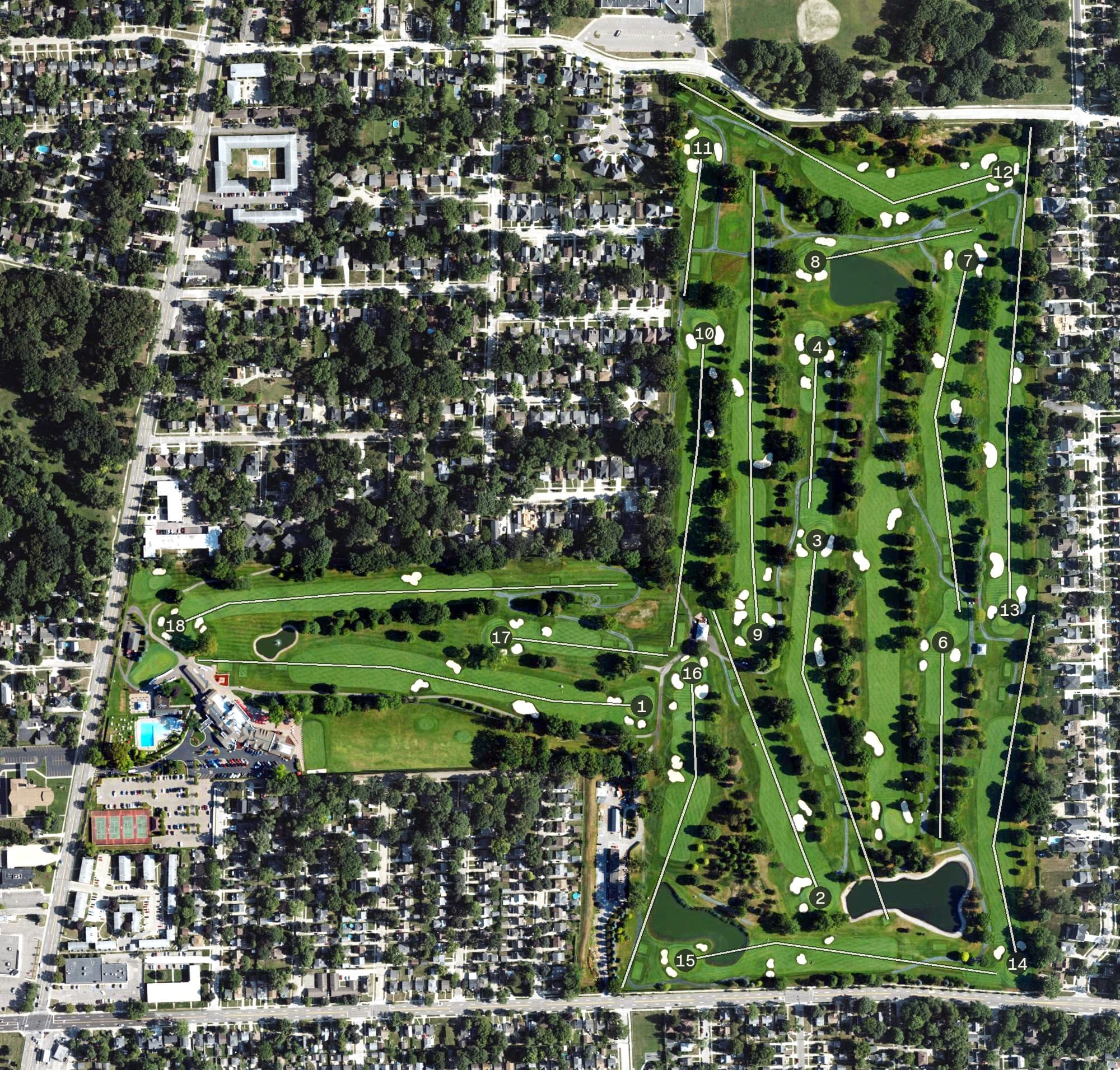 Aerial view of Red Run Golf Club, MI, with its hole routing marked