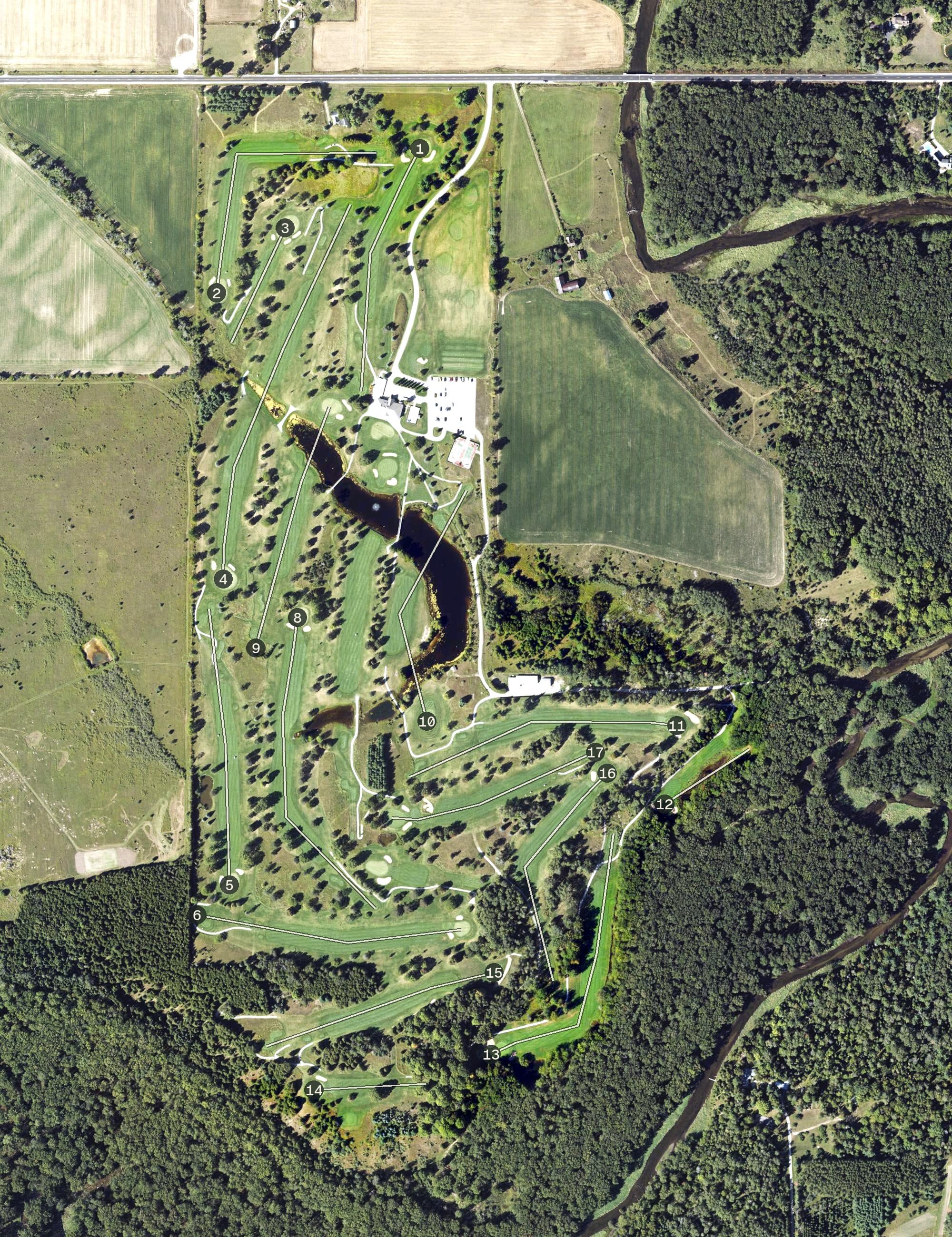 Aerial view of River's Edge Golf Club, MI, with its hole routing marked