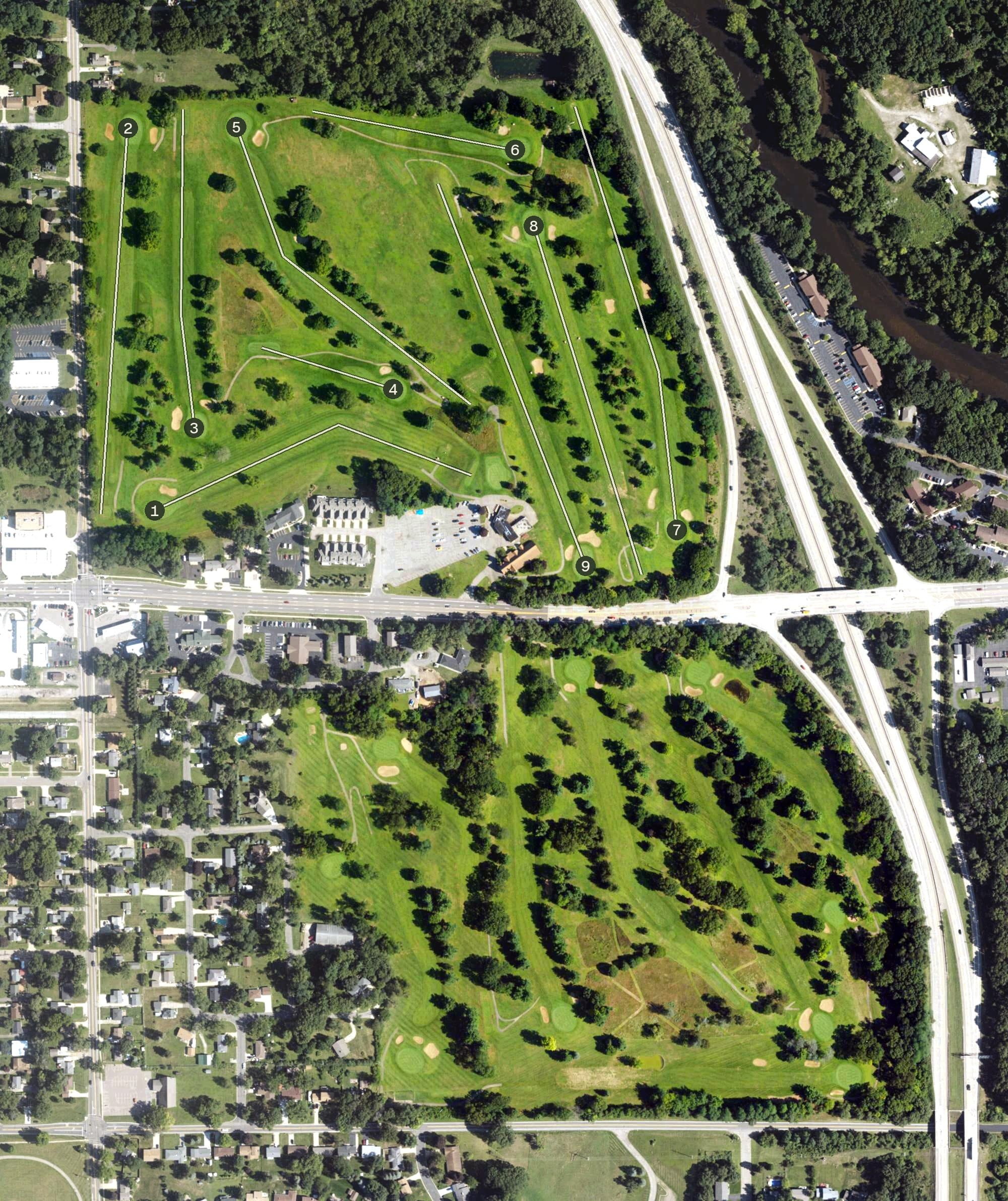 Aerial view of Riverside Country Club, MI, with its hole routing marked