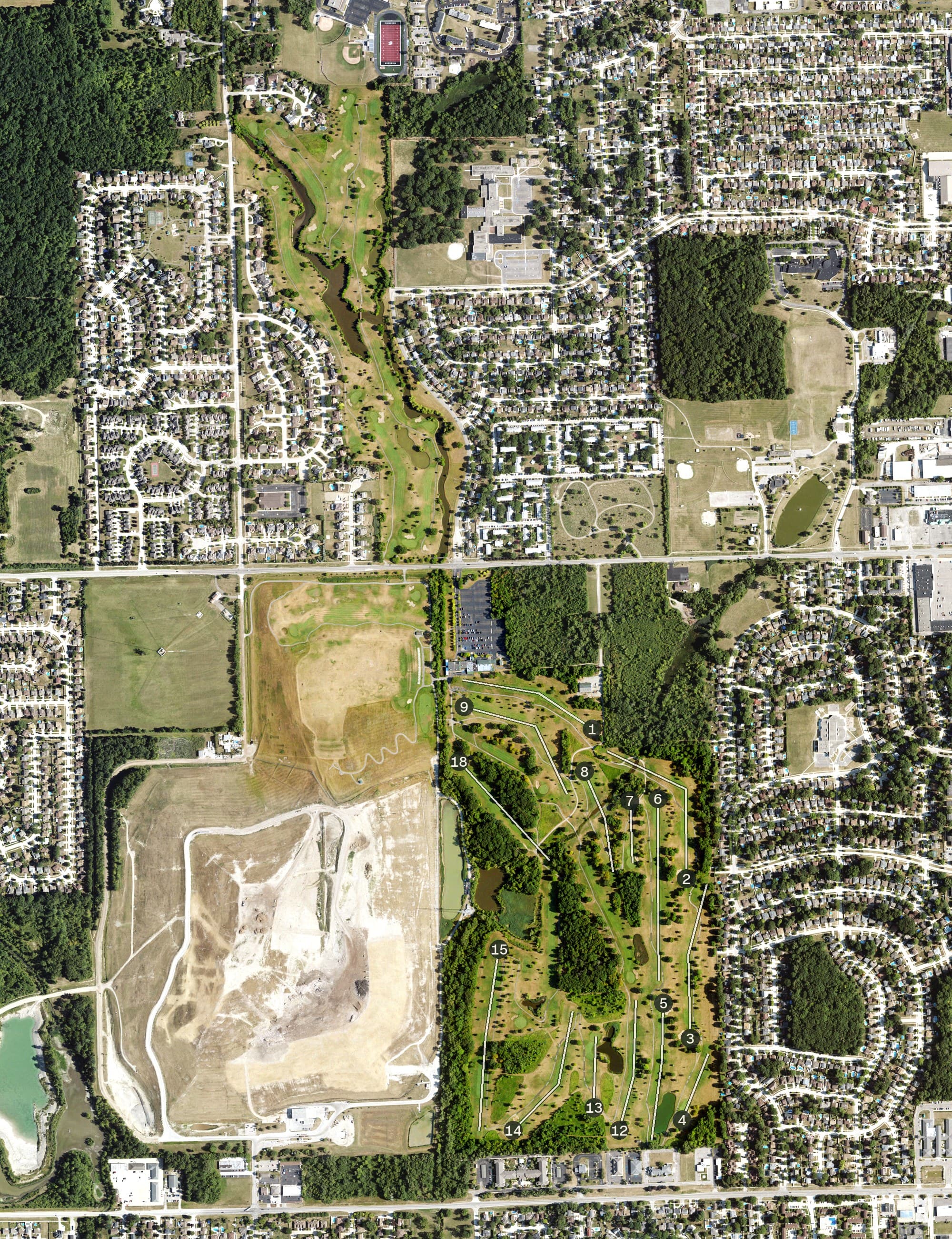 Aerial view of Riverview Highlands Golf Course, MI, with its hole routing marked