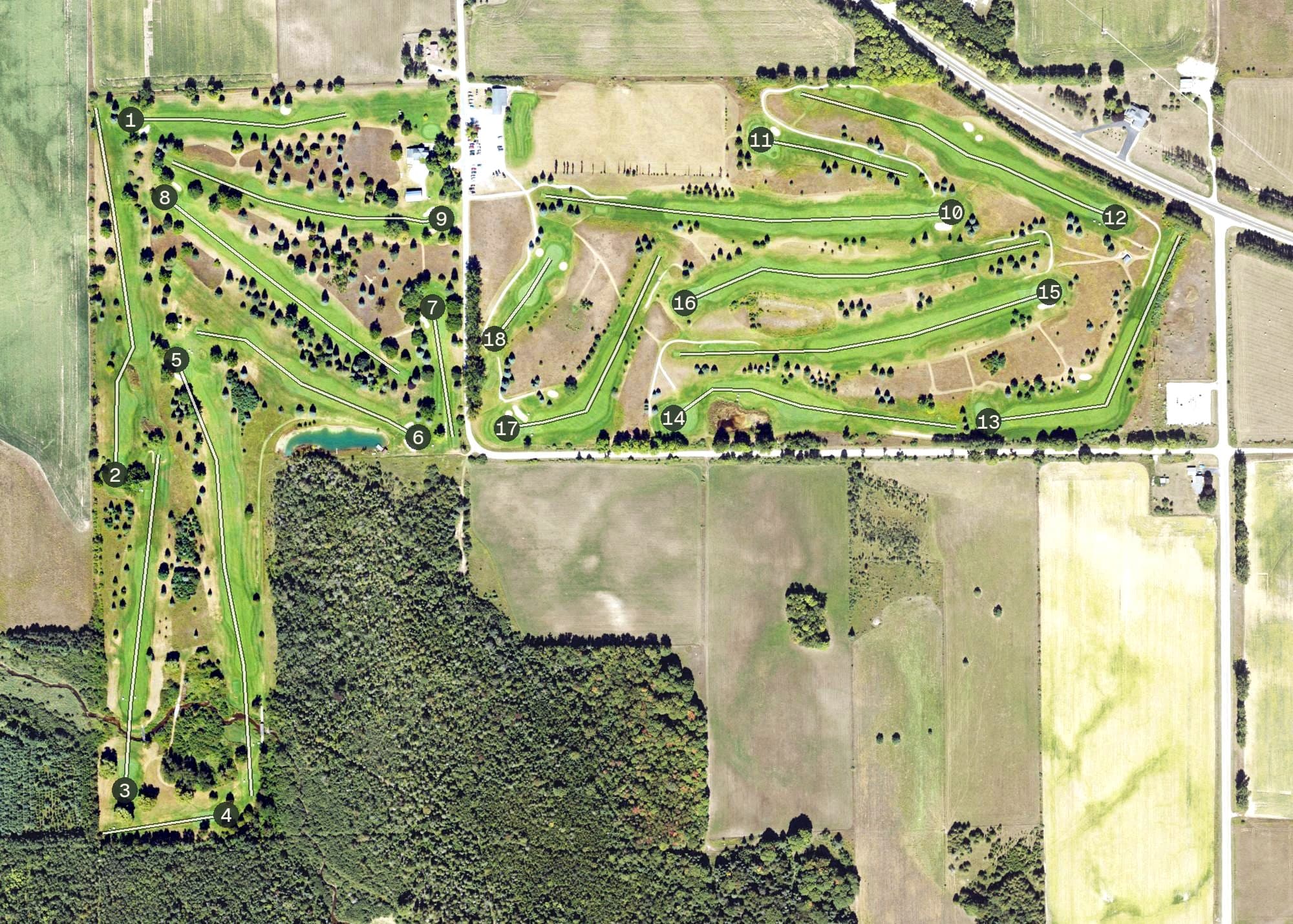 Aerial view of Rogers City Country Club, MI, with its hole routing marked