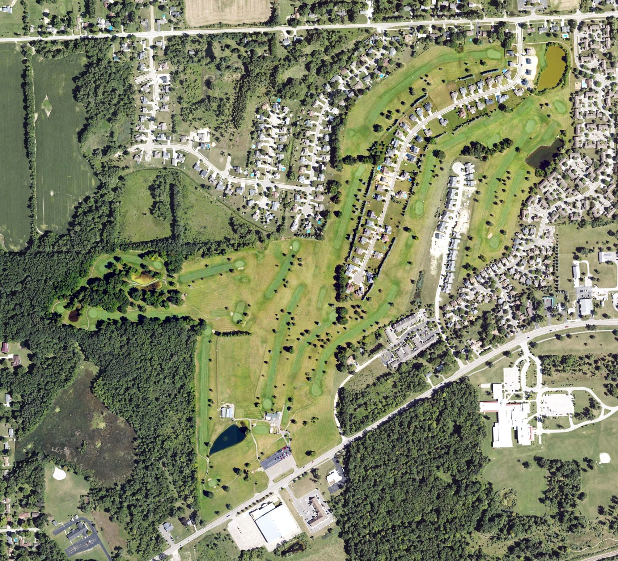 Aerial view of Rolling Hills Golf Club, MI, with its hole routing marked