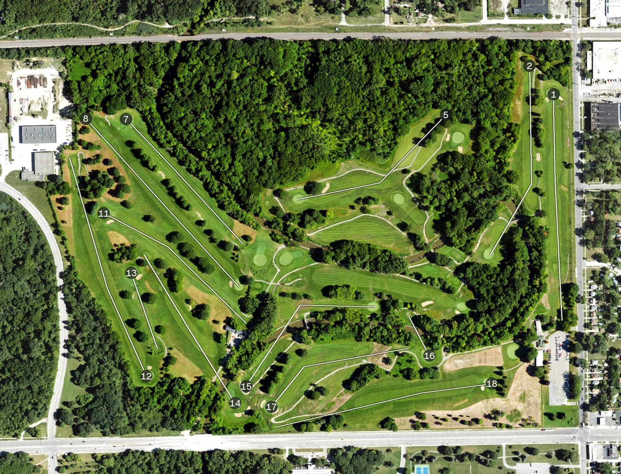 Aerial view of Rouge Park Golf Course, MI, with its hole routing marked