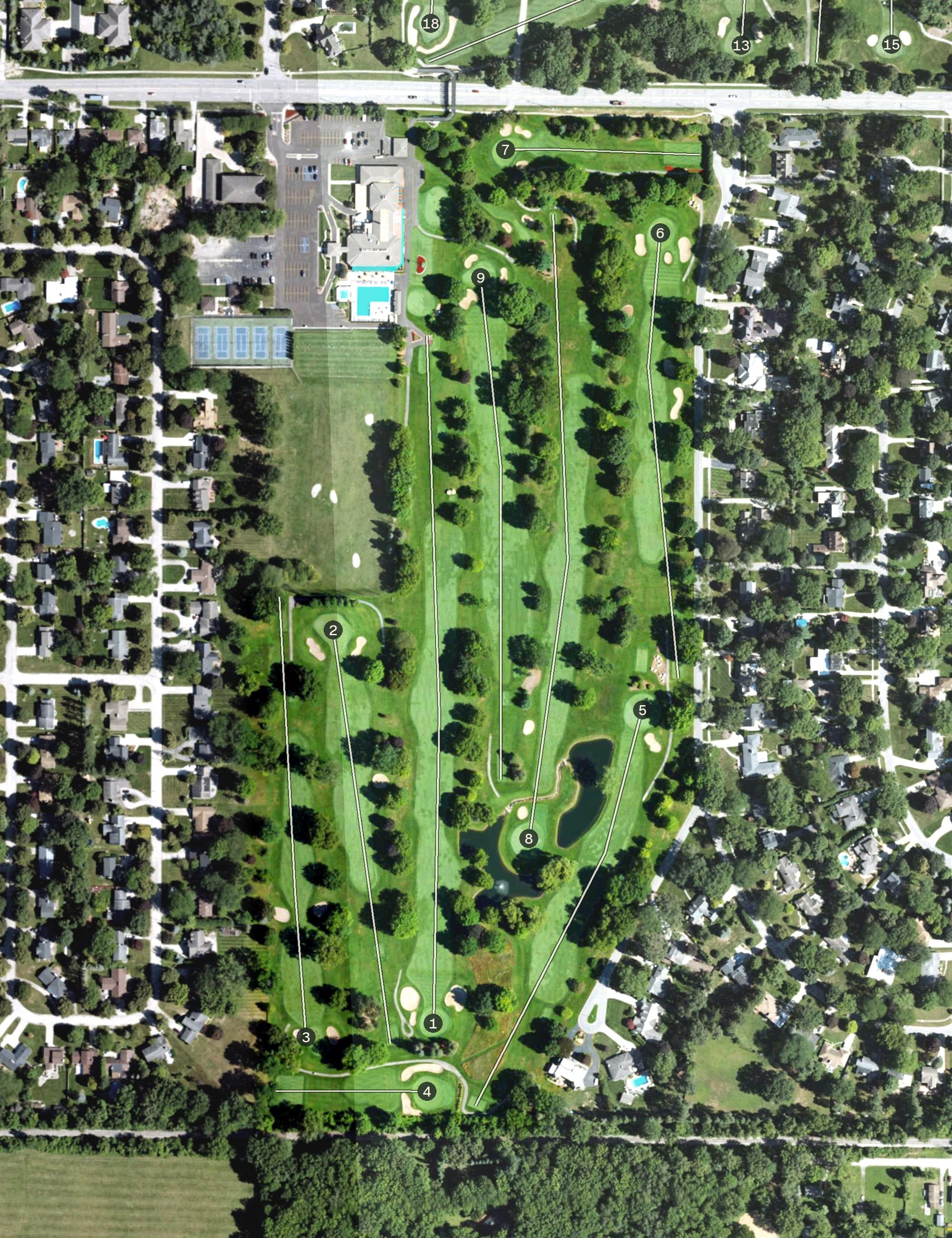 Aerial view of Saginaw Country Club, MI, with its hole routing marked