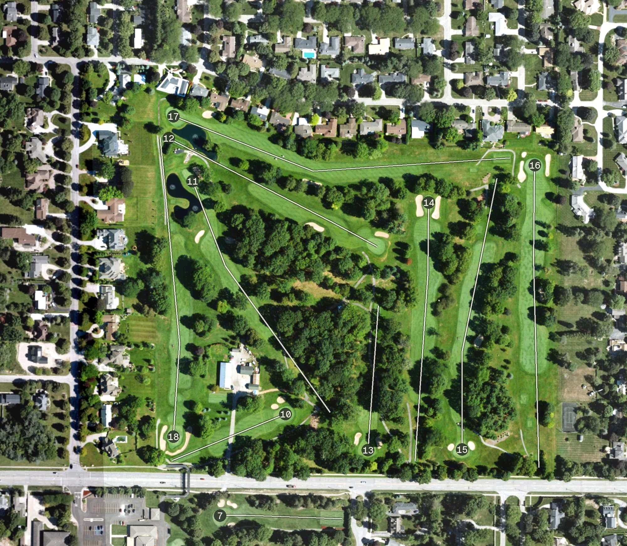 Aerial view of Saginaw Country Club, MI, with its hole routing marked