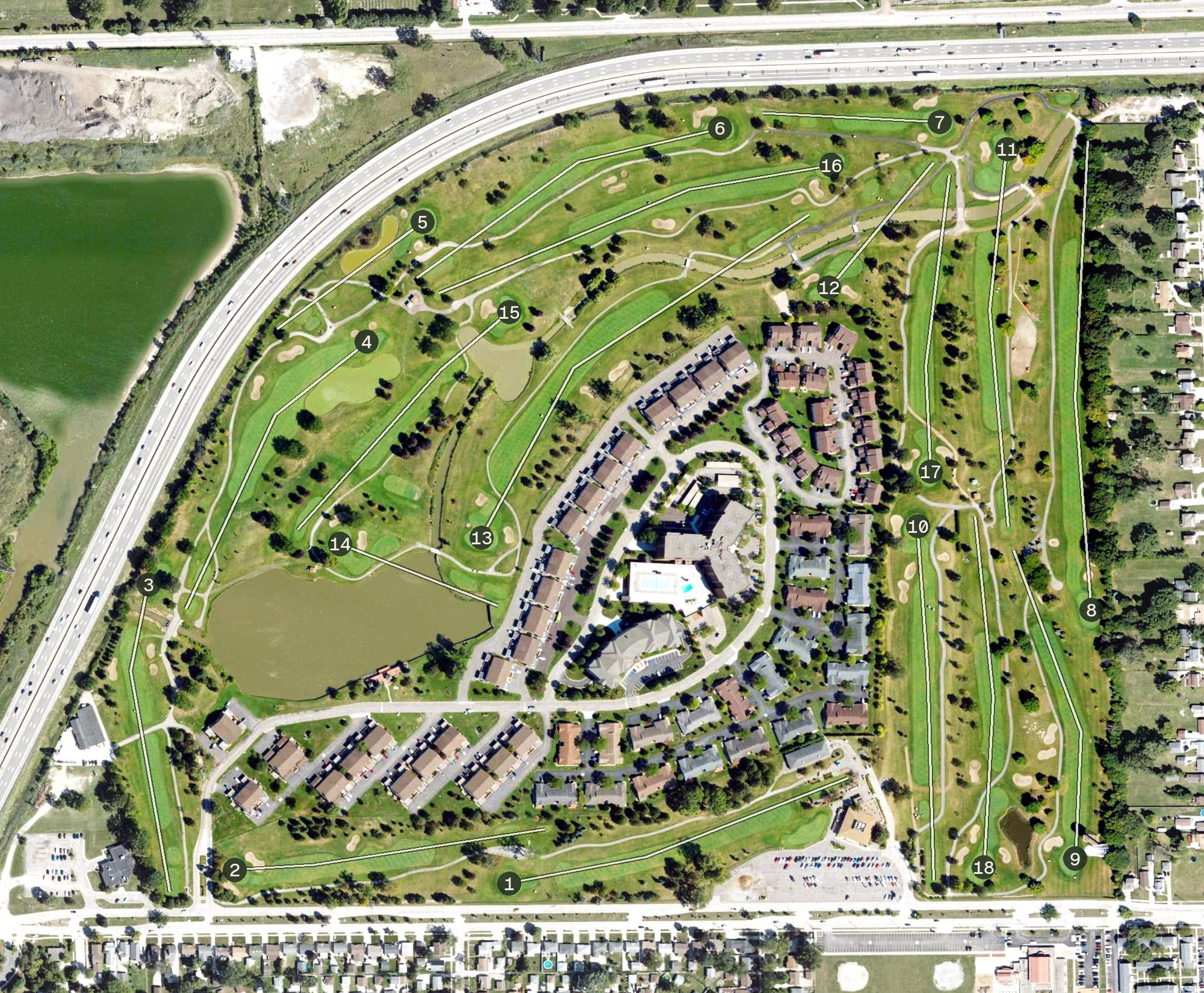 Aerial view of Saint Clair Shores Golf Club, MI, with its hole routing marked