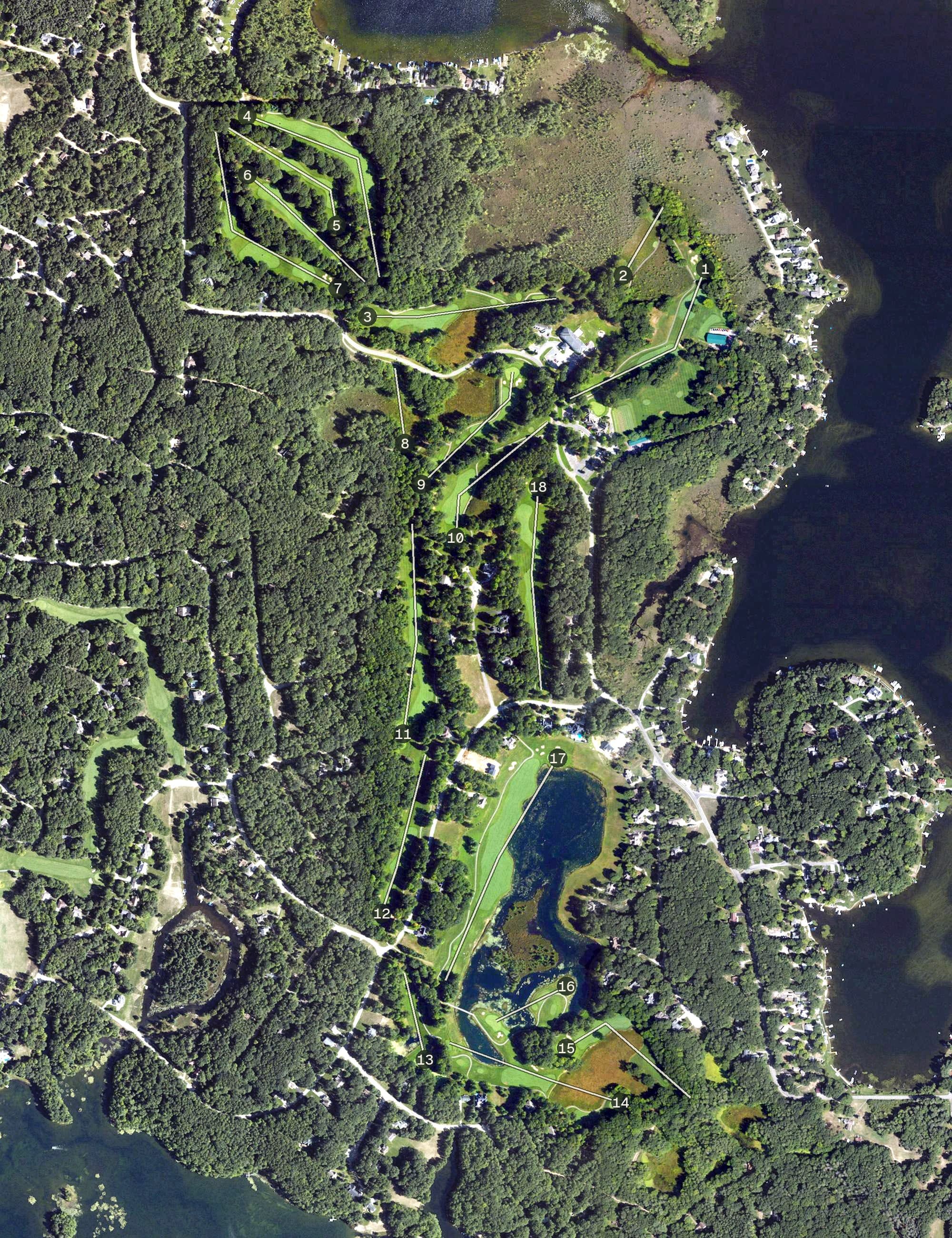 Aerial view of Saint Ives, MI, with its hole routing marked