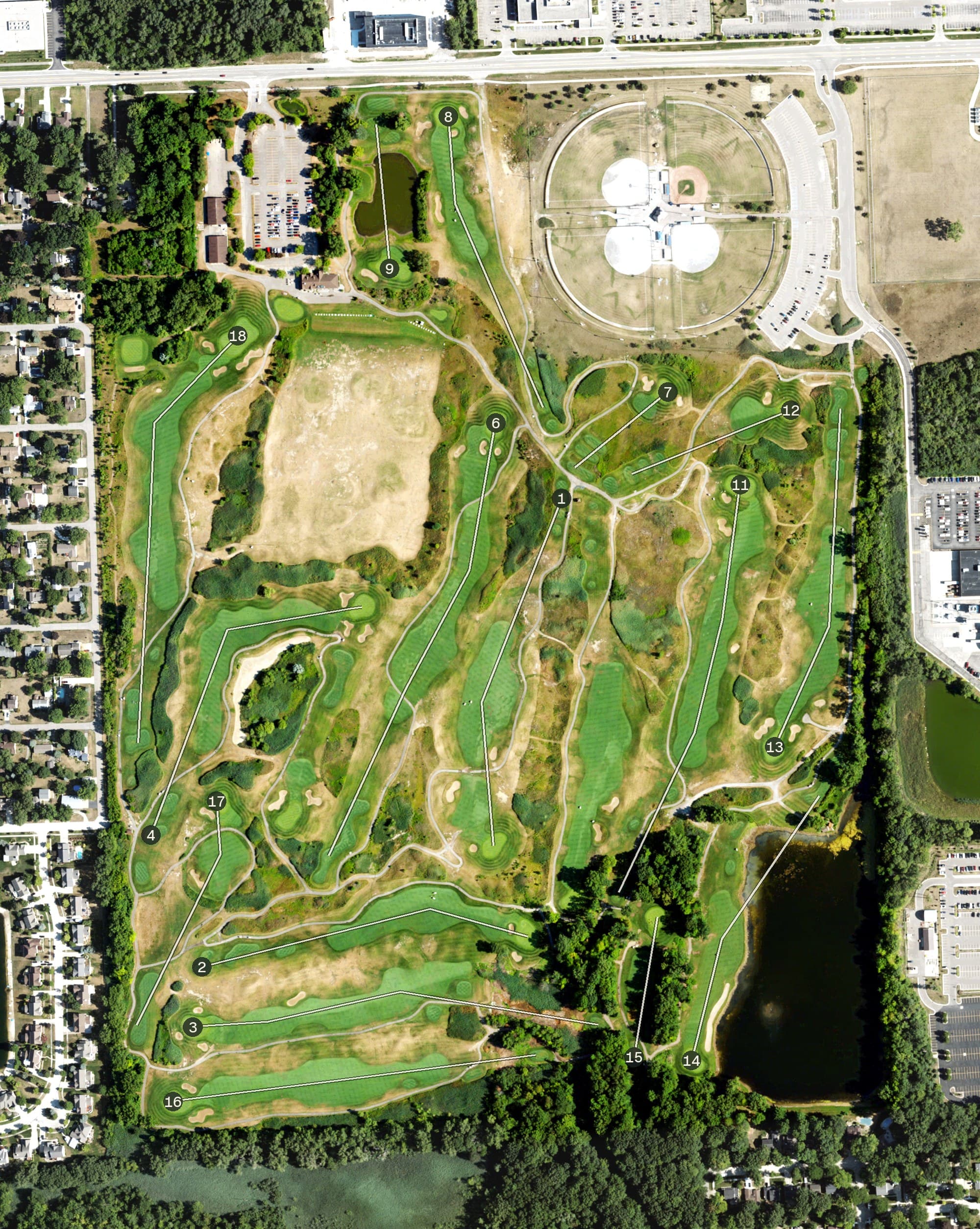 Aerial view of Sanctuary Lake Golf Course, MI, with its hole routing marked