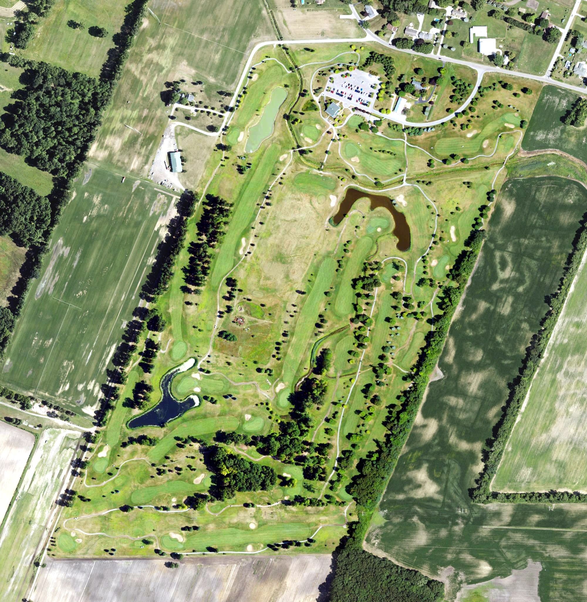Aerial view of Sandy Creek Golf Course, MI, with its hole routing marked