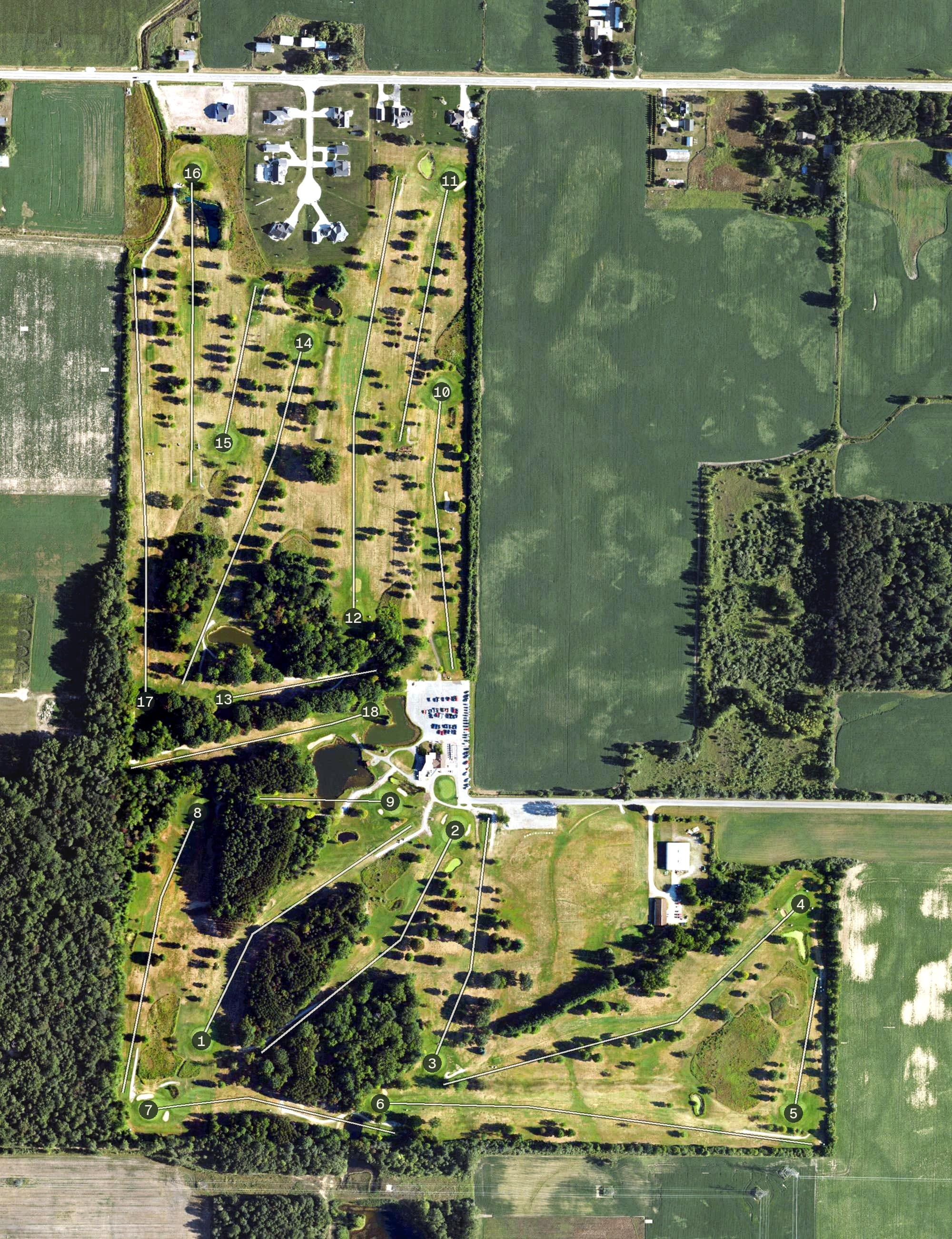 Aerial view of Sandy Ridge Golf Course, MI, with its hole routing marked