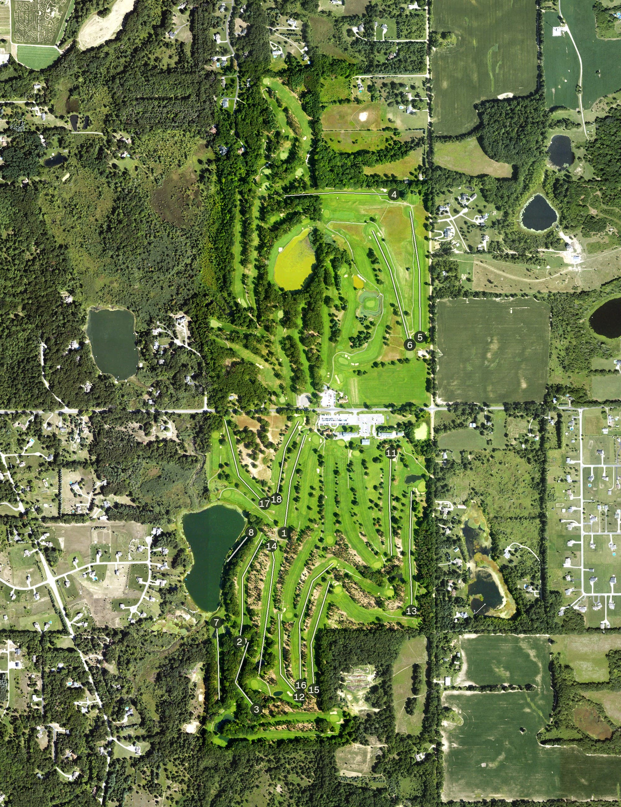 Aerial view of Saskatoon Golf Club, MI, with its hole routing marked