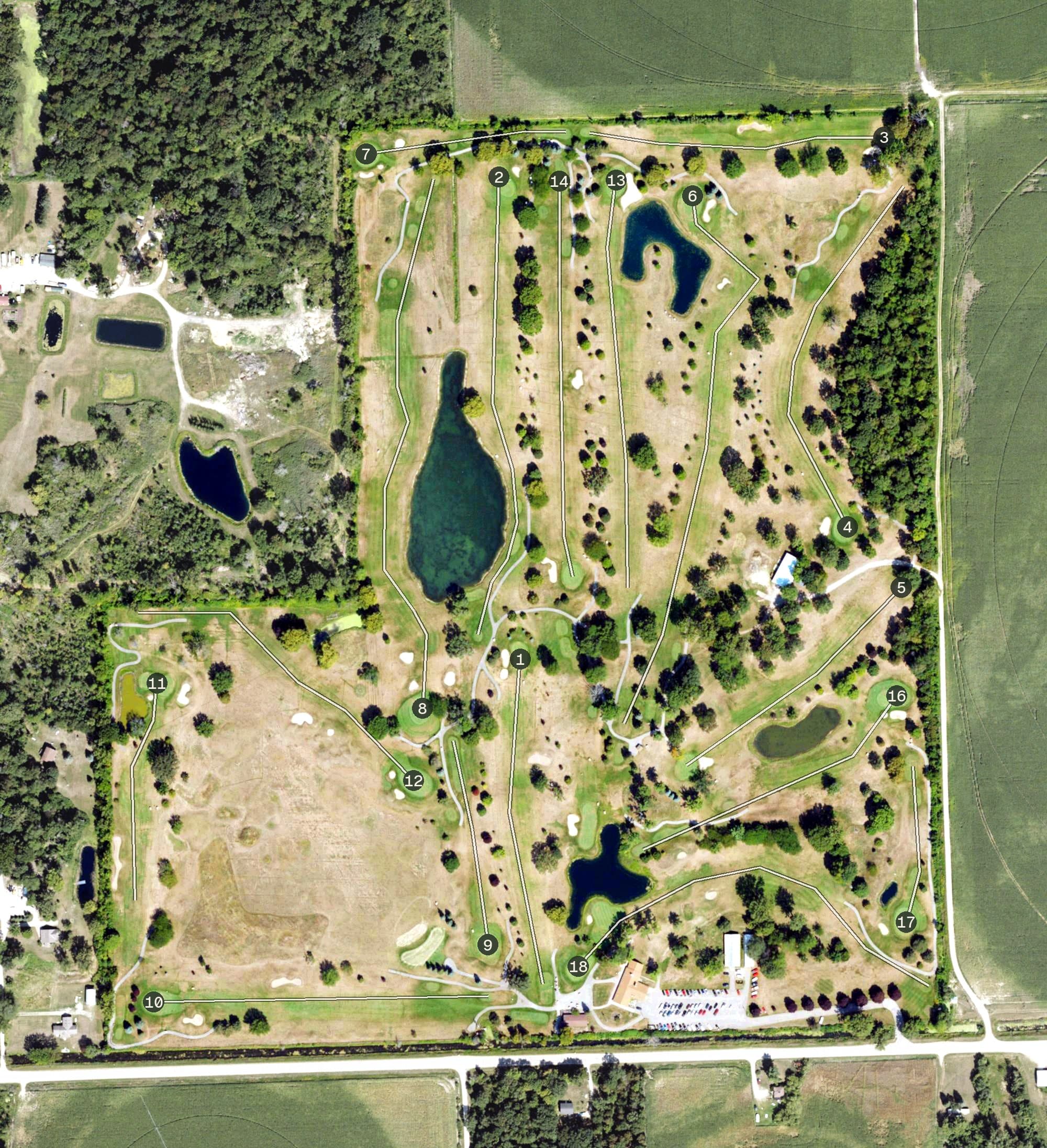 Aerial view of Scenic Golf and Country Club, MI, with its hole routing marked