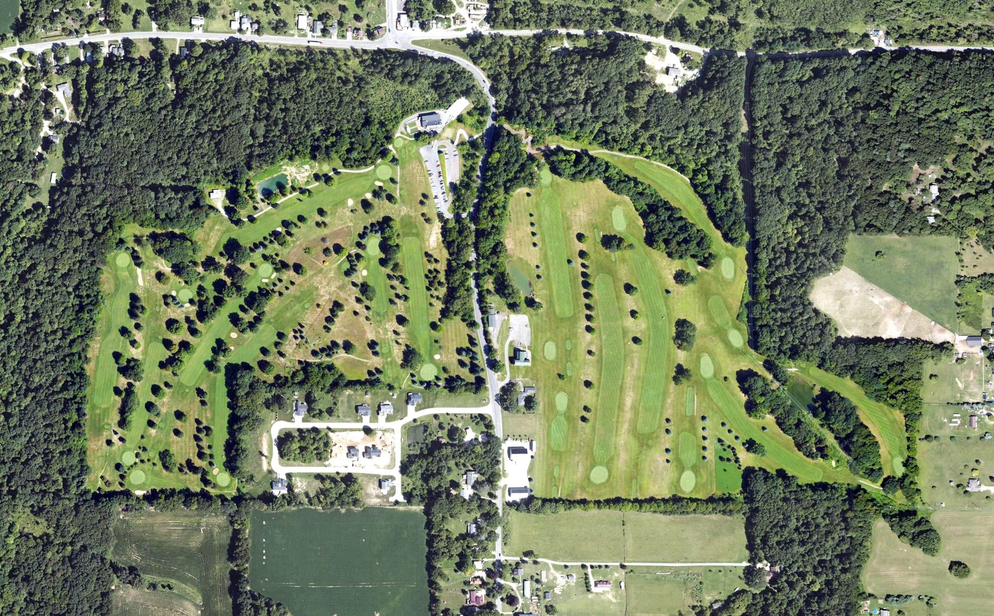 Aerial view of Shadow Ridge Golf Club, MI, with its hole routing marked
